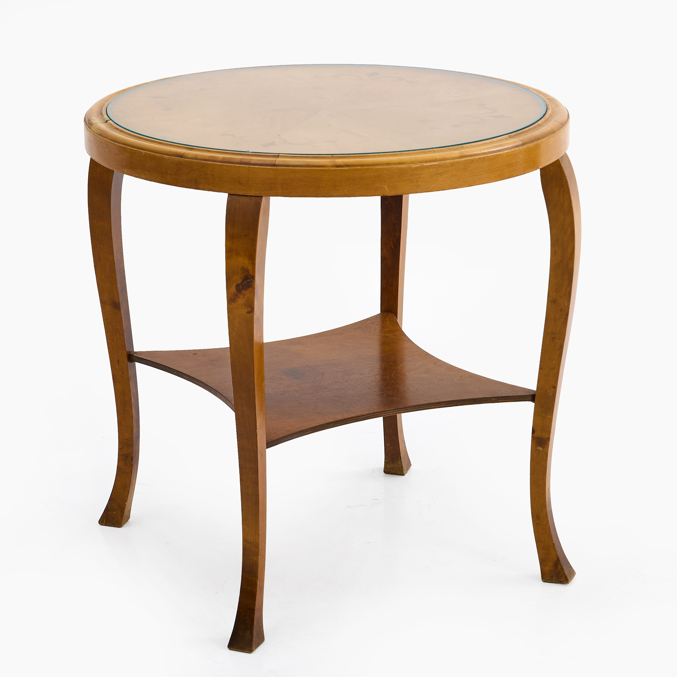 SALONGSBORD, 1920/30-tal, björk, glasskiva med underliggande intarsiadekor, kopplade ben med hyllplan.