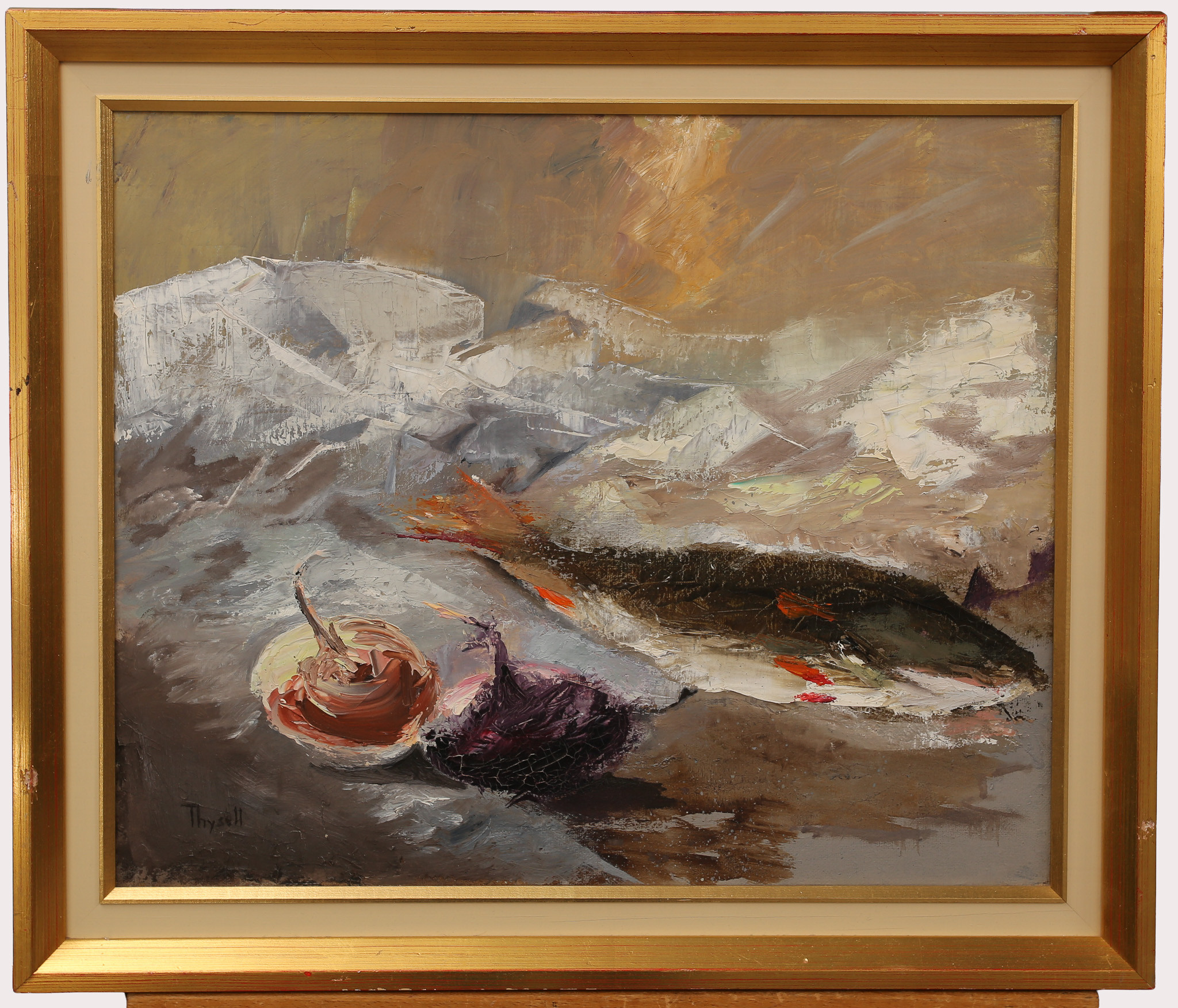 KAJ THYSELL. Olja på duk, stilleben med fisk, signerad Thysell.