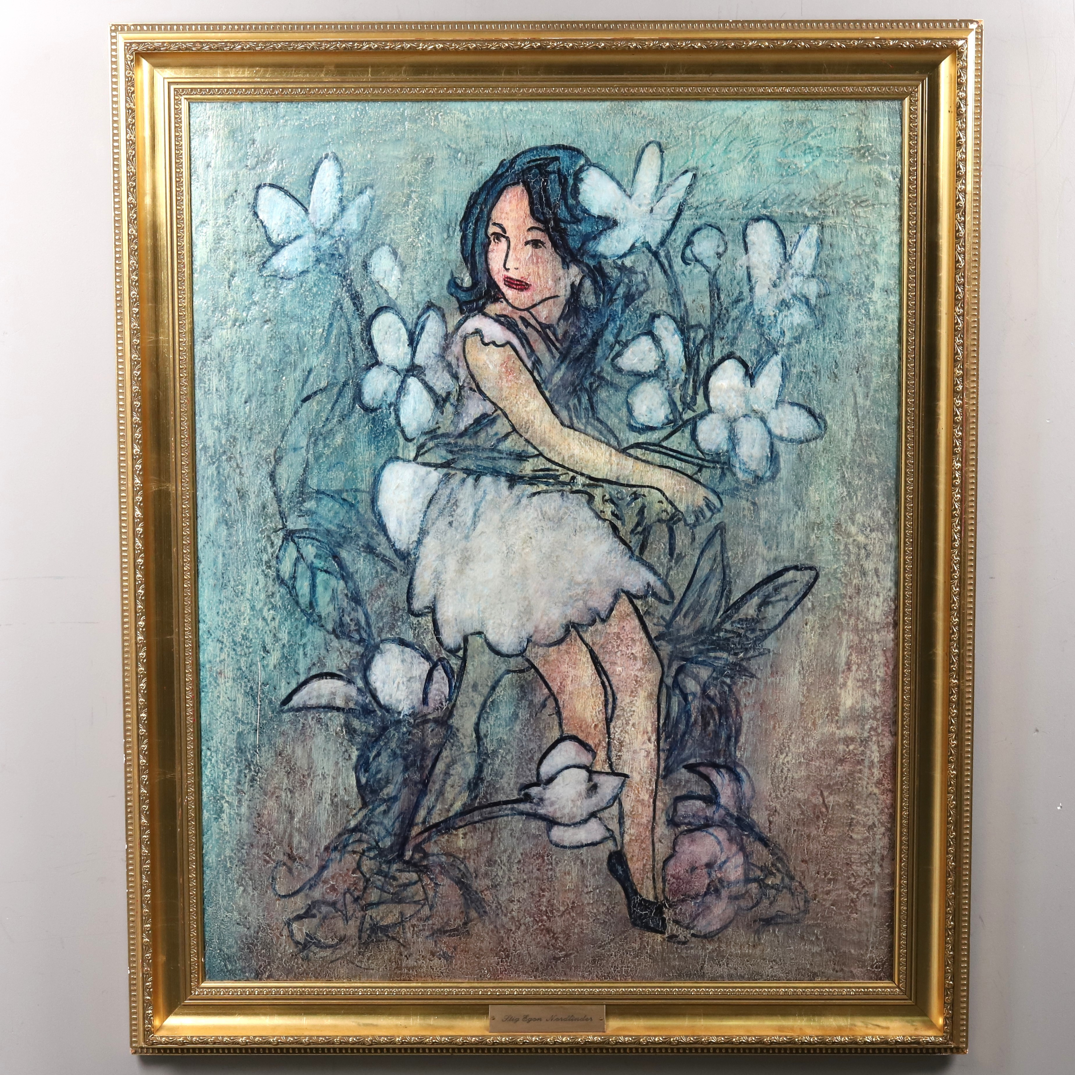 STIG EGON NORDLINDER. BLANDTEKNIK, "Flicka bland blommor", signerad.