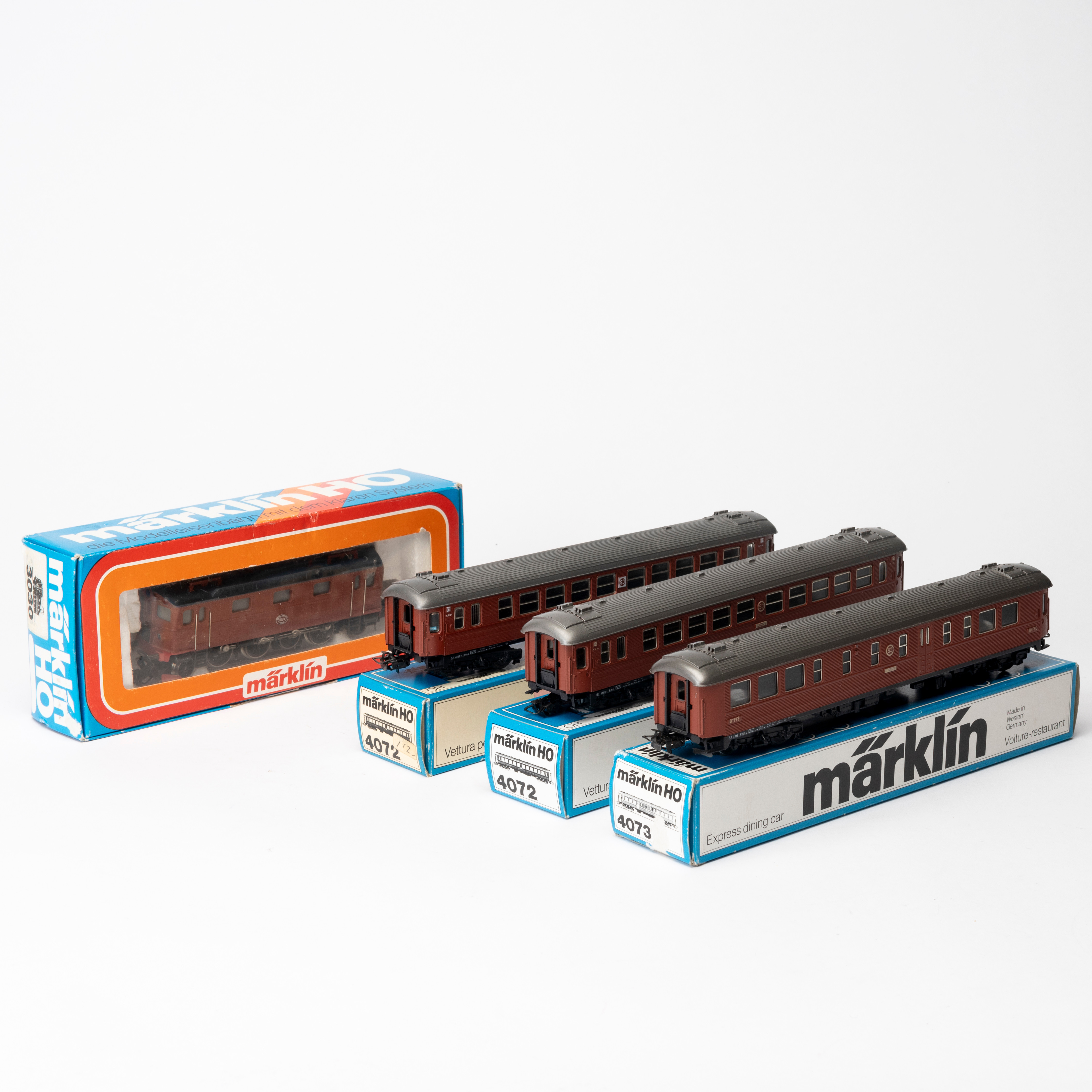 MÄRKLIN 3030 SJ:s Da-lok samt 3 passagerarvagnar 2x4072 och 4073. originalförpackningar.