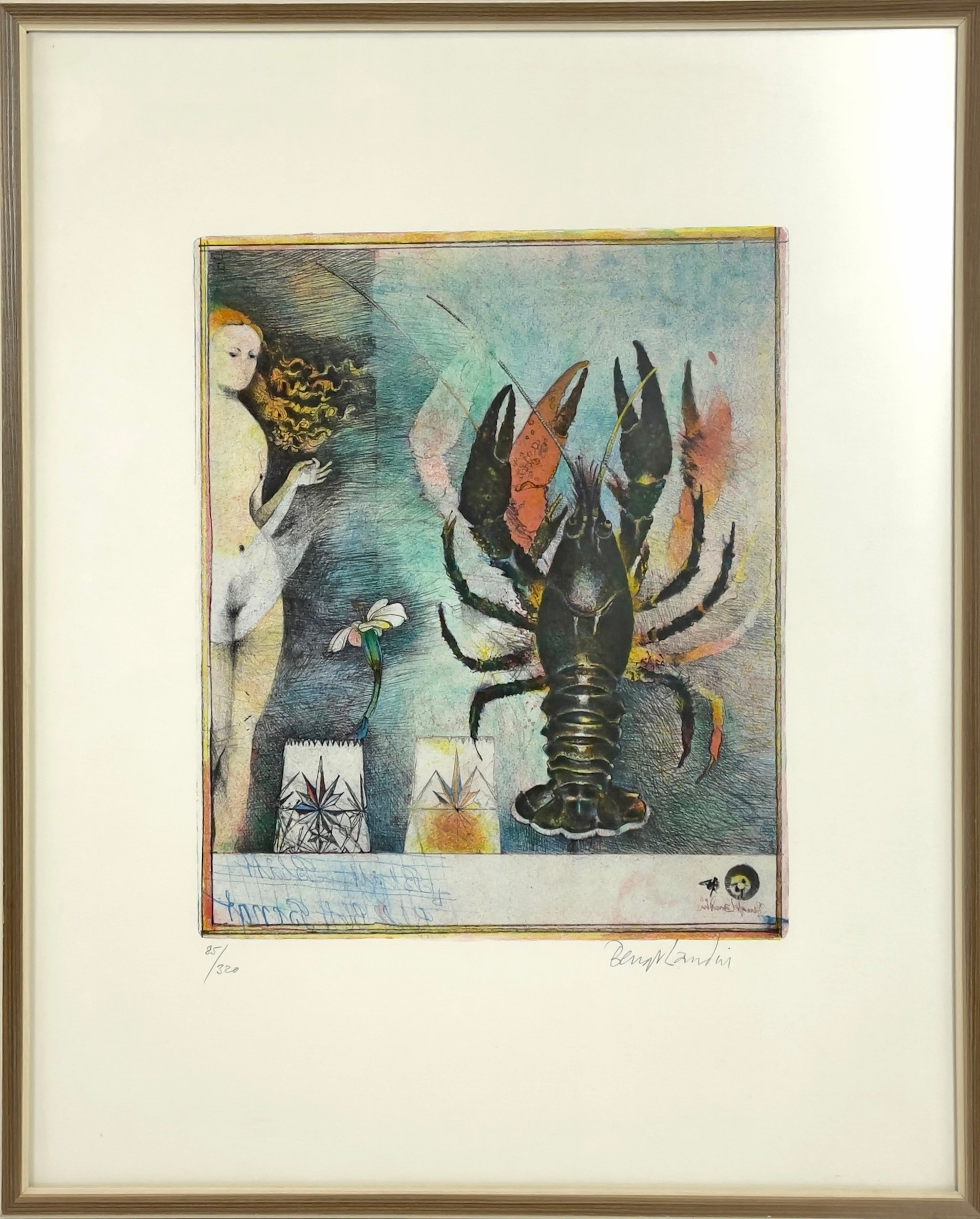 BENGT LANDIN. Kräftan och jungfrun, färglitografi, numrerad 85/320 & signerad.