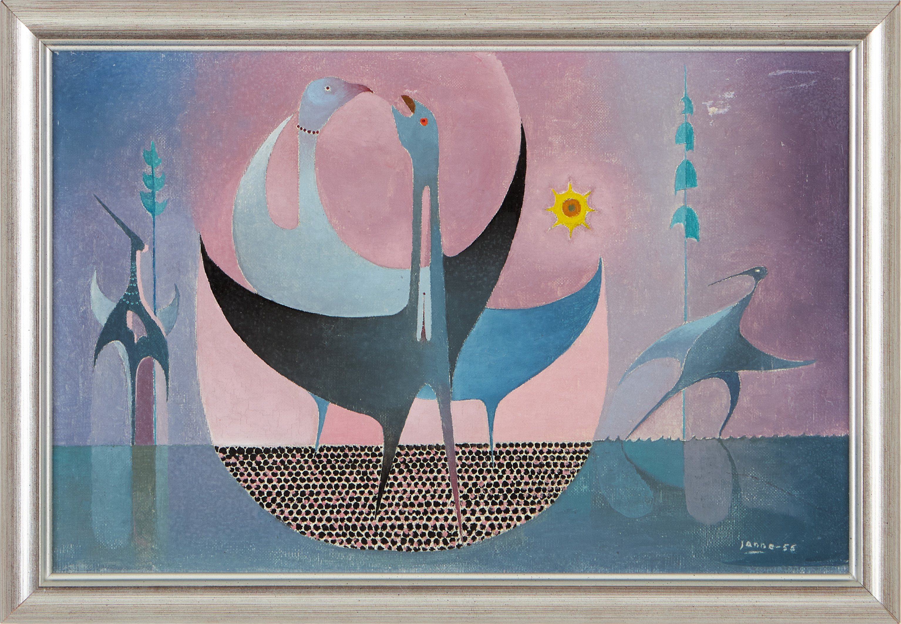 OIDENTIFIERAD KONSTNÄR. "Vårlek - morgon", olja på duk, signerad Janne, daterad -55.