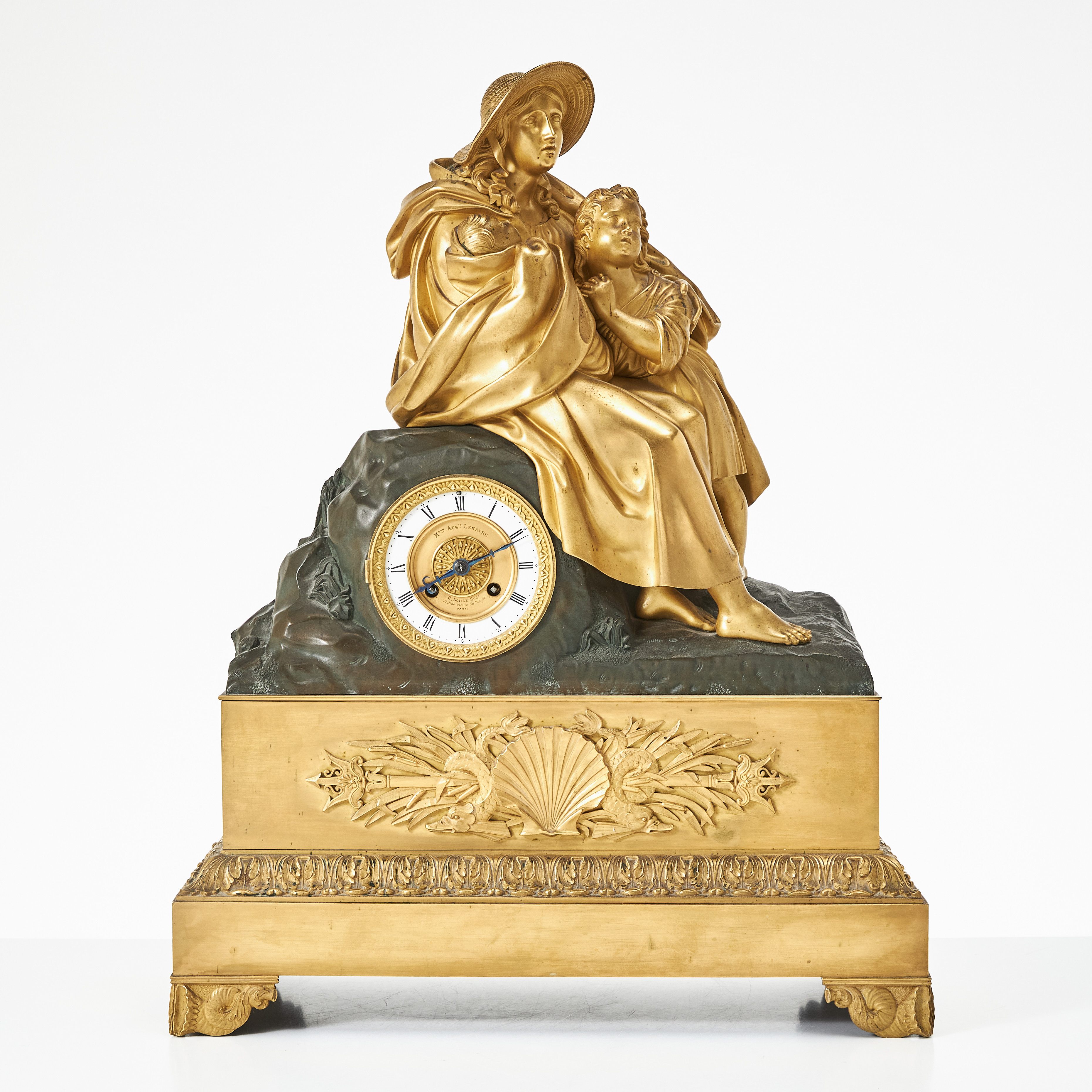 BORDSPENDYL, brons, Frankrike, Auguste Lemaire, Paris, 1800-talets andra hälft, Napoleon III, dekor i form av kvinna i hatt med barn.