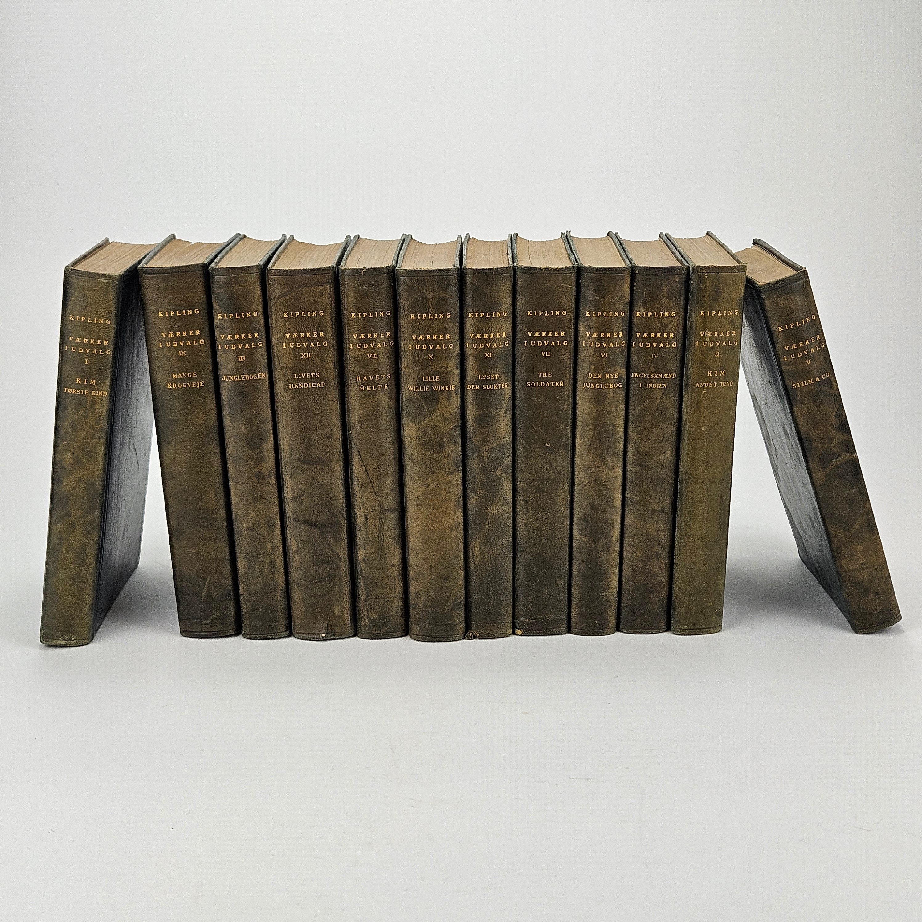 RUDYARD KIPLING. Böcker, 12 st, helskinn, Köpenhamn, 1930-tal.