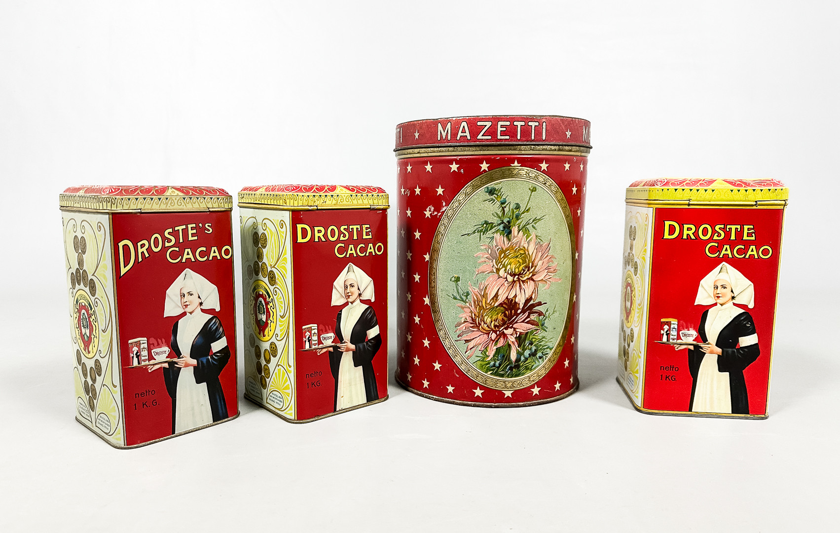 PLÅTBURKAR, 4 st, Droste & Mazetti, 1900-tal.