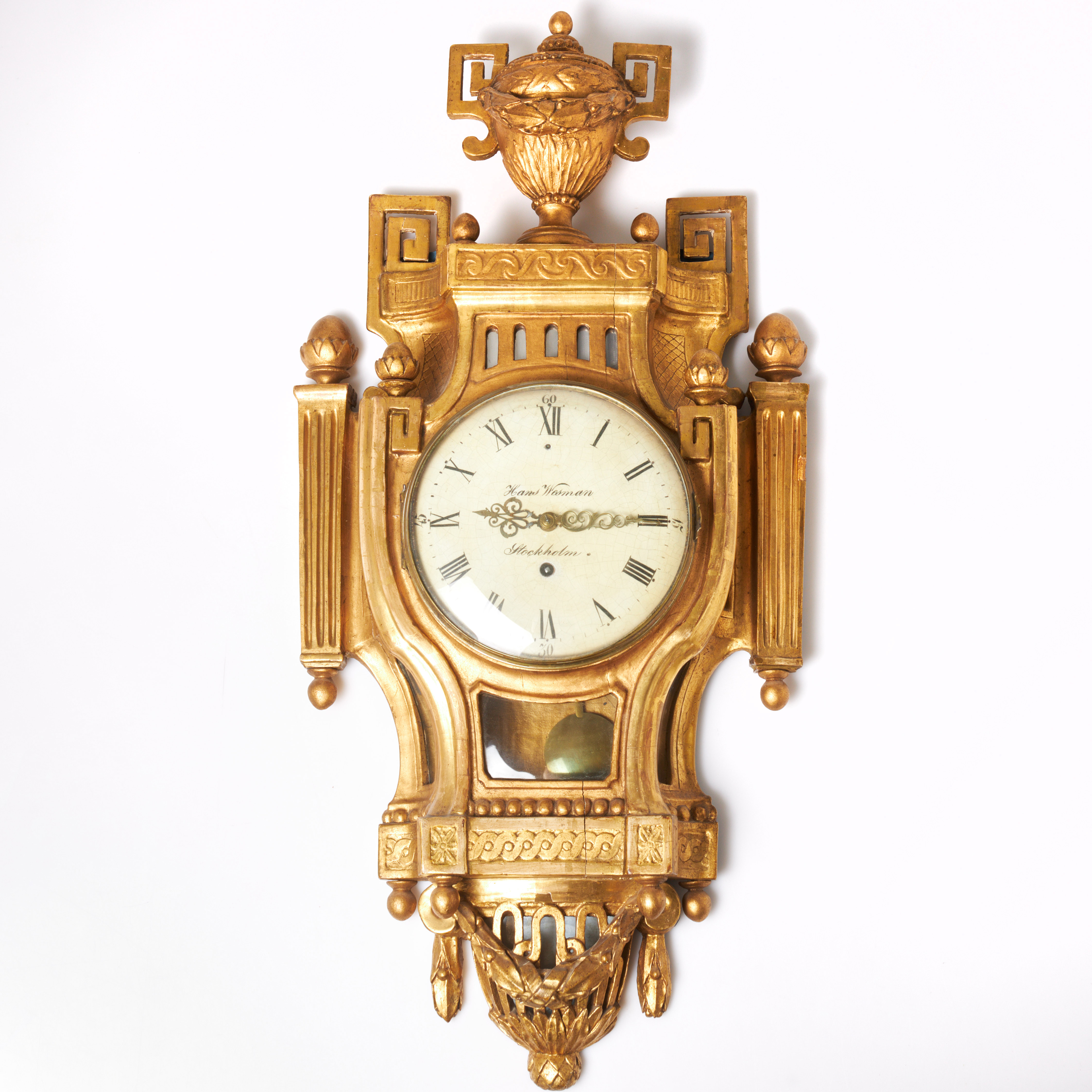 HANS WESTMAN. Verksam 1787–1805, väggpendyl, gustavianskt stockholmsarbete, omkring år 1800.