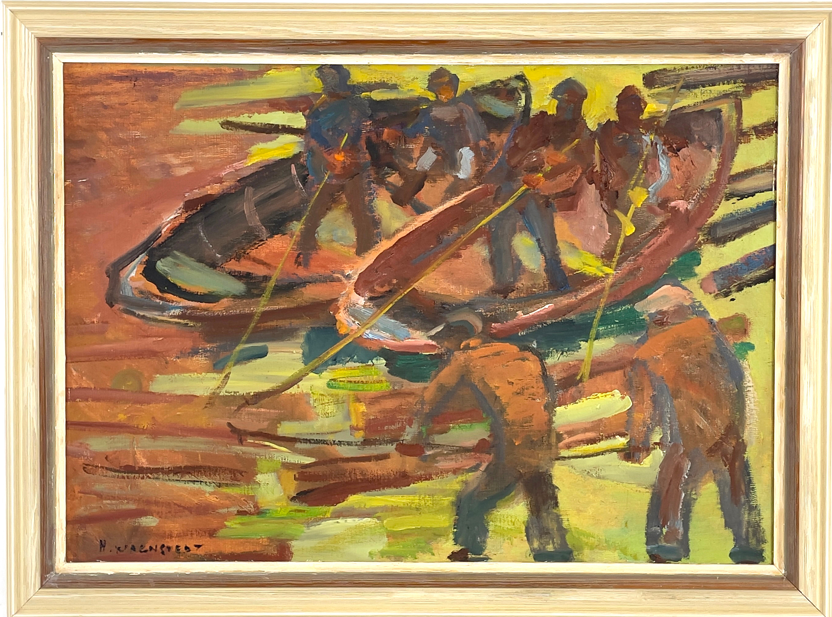 HANNES WAGNSTEDT. Timmerflottning, olja på pannå, signerad H. Wagnstedt.