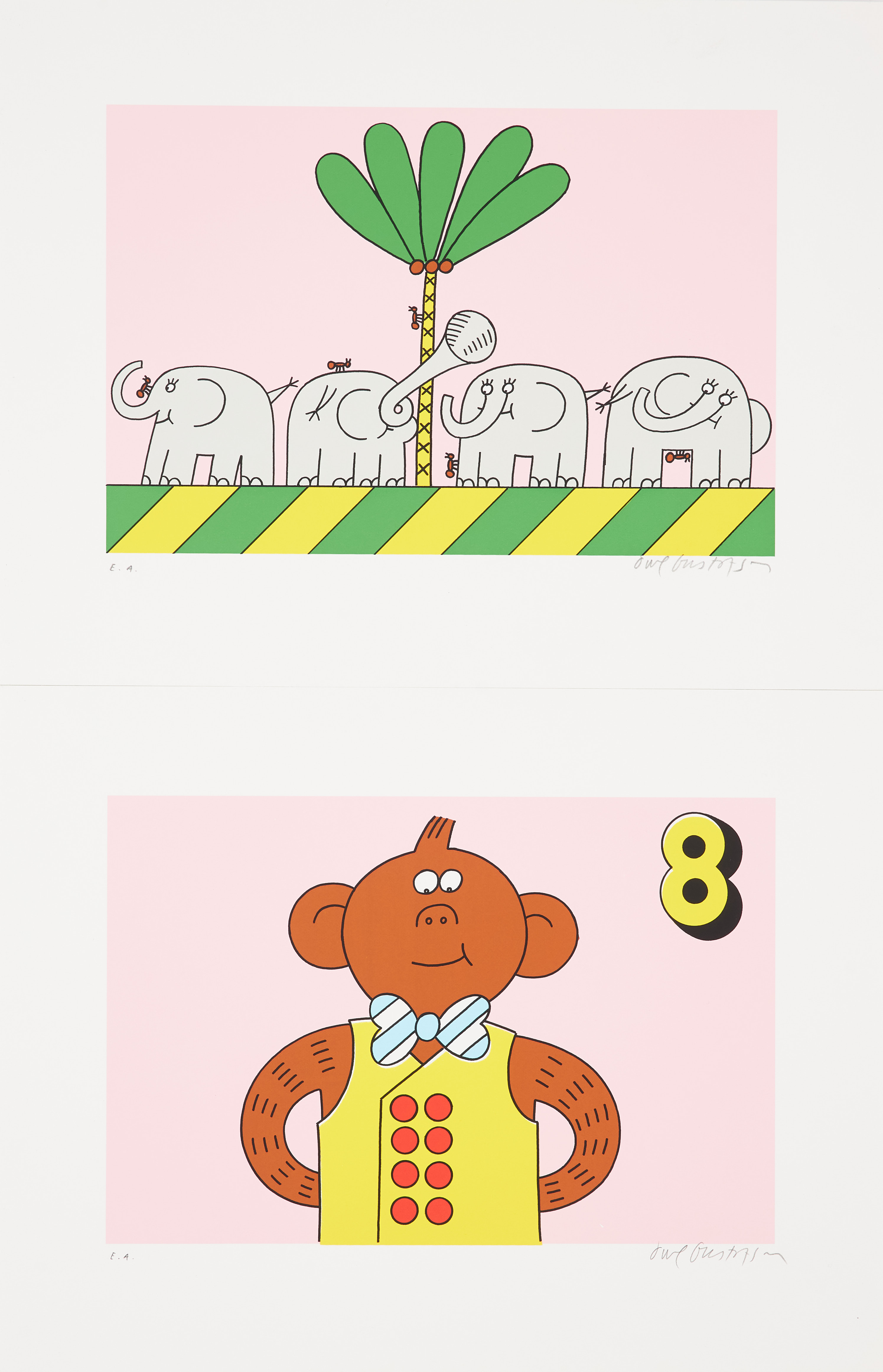 OWE GUSTAFSON (FÖDD 1940). Serigrafier 2 st, från "Fem myror är fler än fyra elefanter", signerade Owe Gustafson, EA.