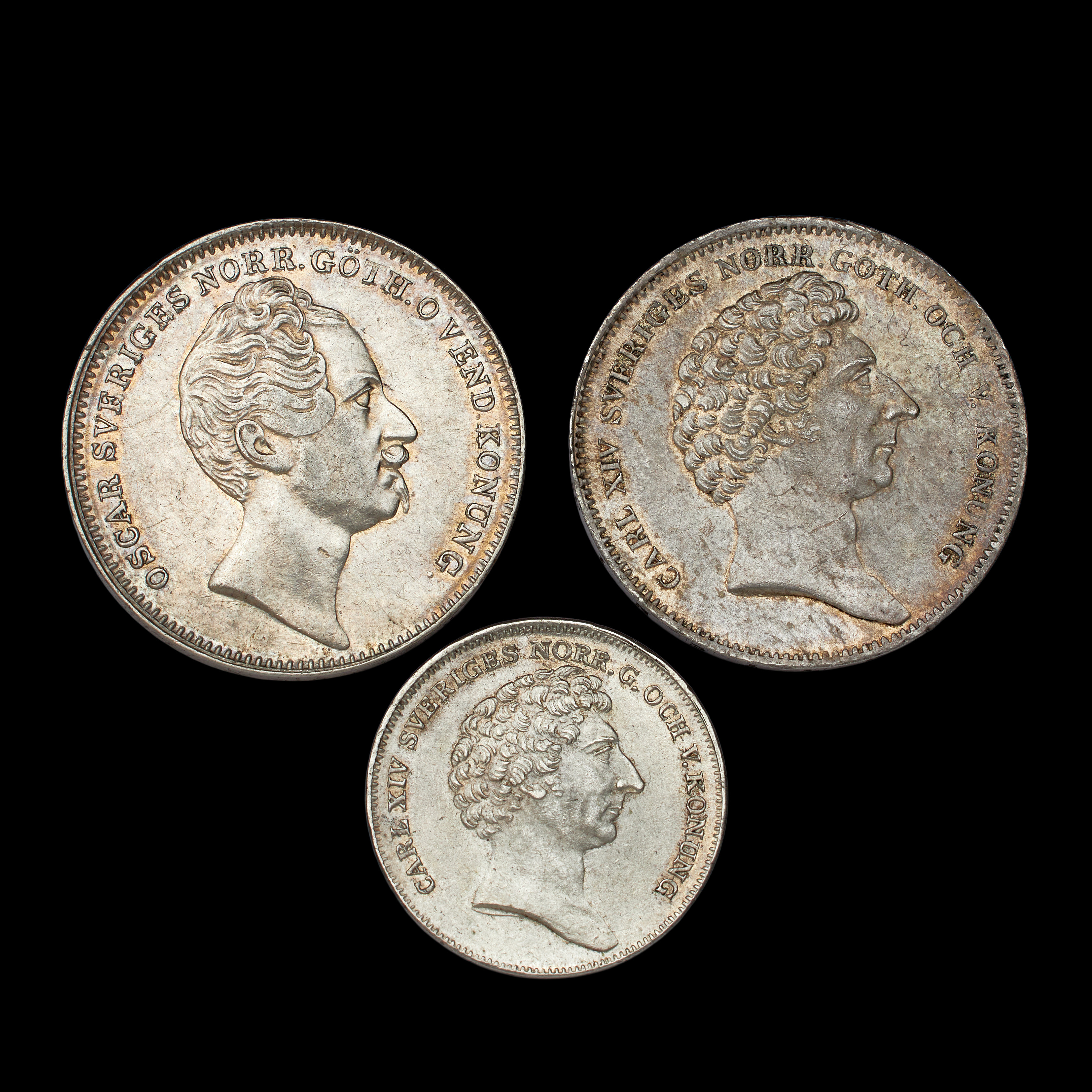 SILVERMYNT, 3 st, Karl XIV Johan 1/2 riksdaler, 1831, Karl XIV Johan, 1/4 riksdaler 1834, Oscar I, 1/2 riksdaler 1848.