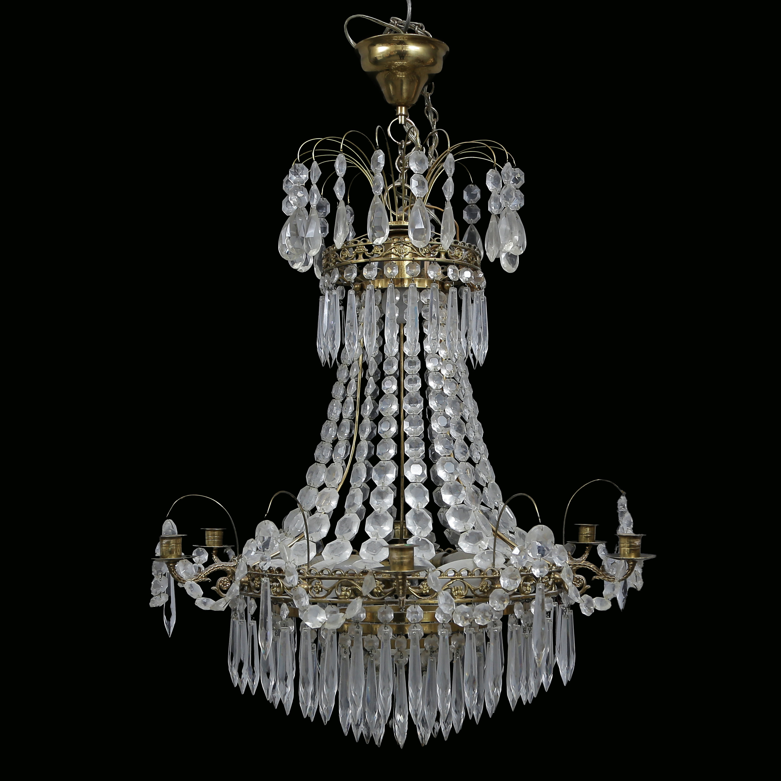 LJUSKRONA, EMPIRE, 1900-TALETS ANDRA HÄLFT, MÄSSING, 6 LJUSARMAR.