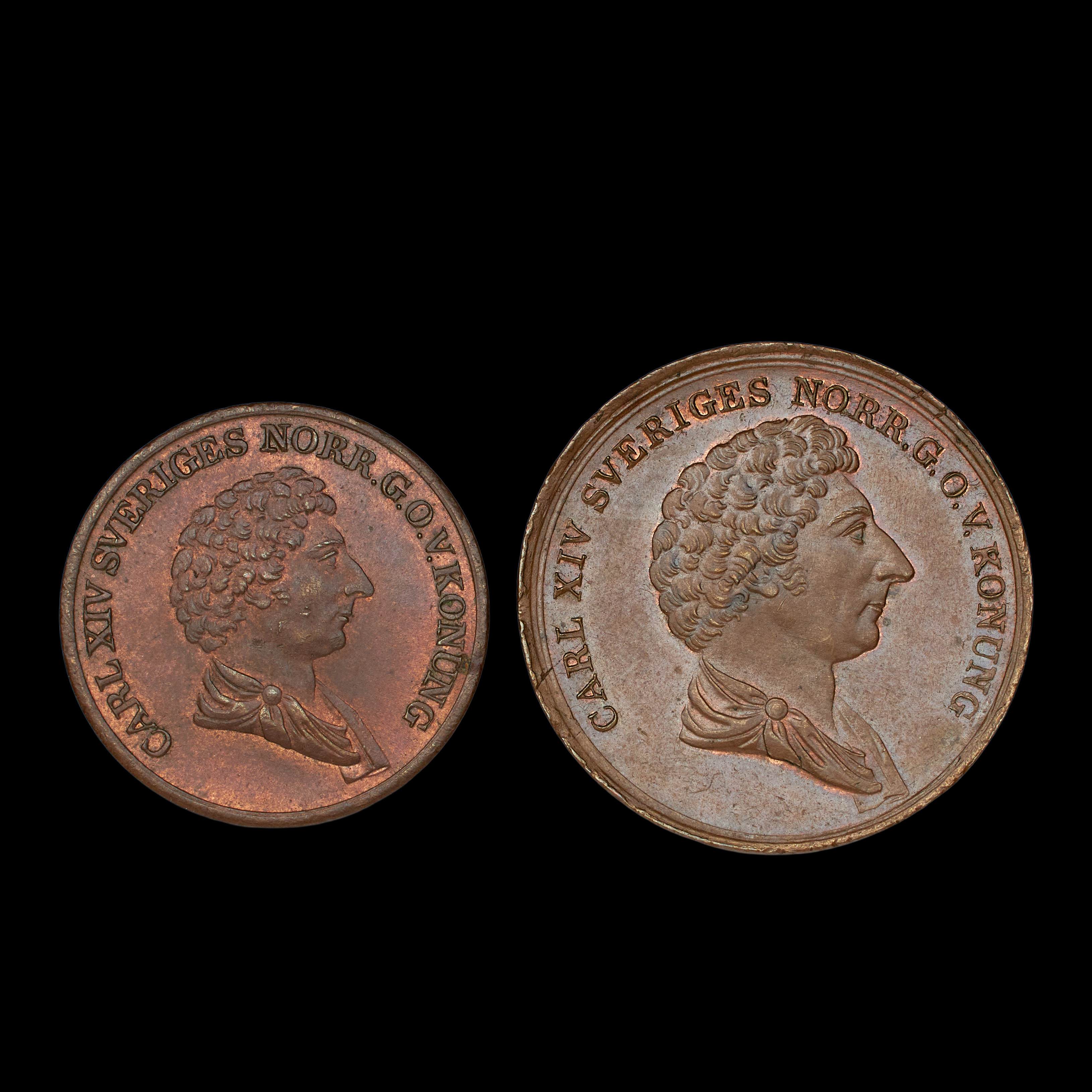 KOPPARMYNT, 2 st, Karl XIV Johan 2 skilling banco 1835 och 1 skilling banco 1836.