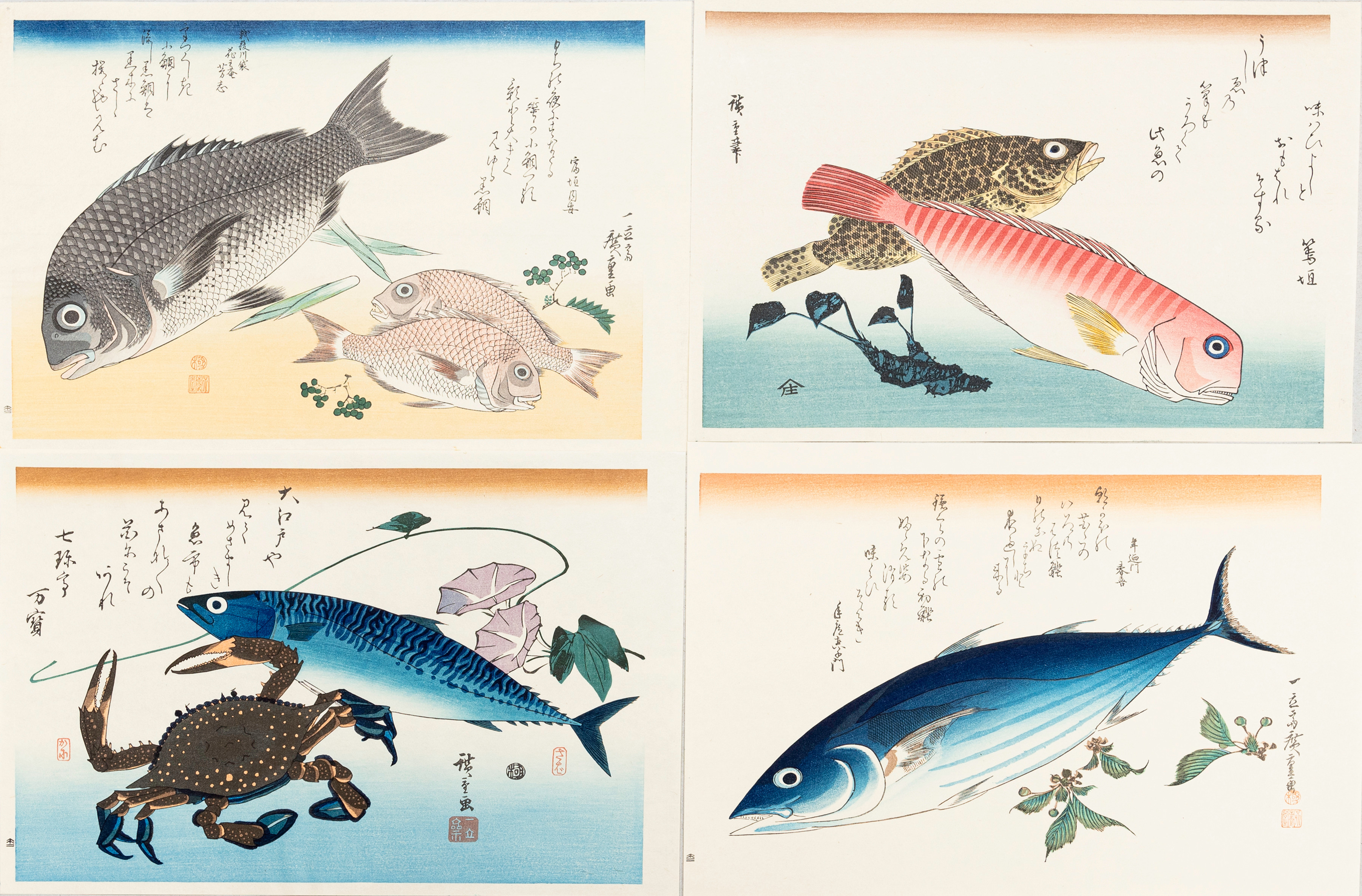 ANDO HIROSHIGE. efter, mapp med 4 reproduktioner av fiskmotiv, träsnitt, Japan 1900-tal.