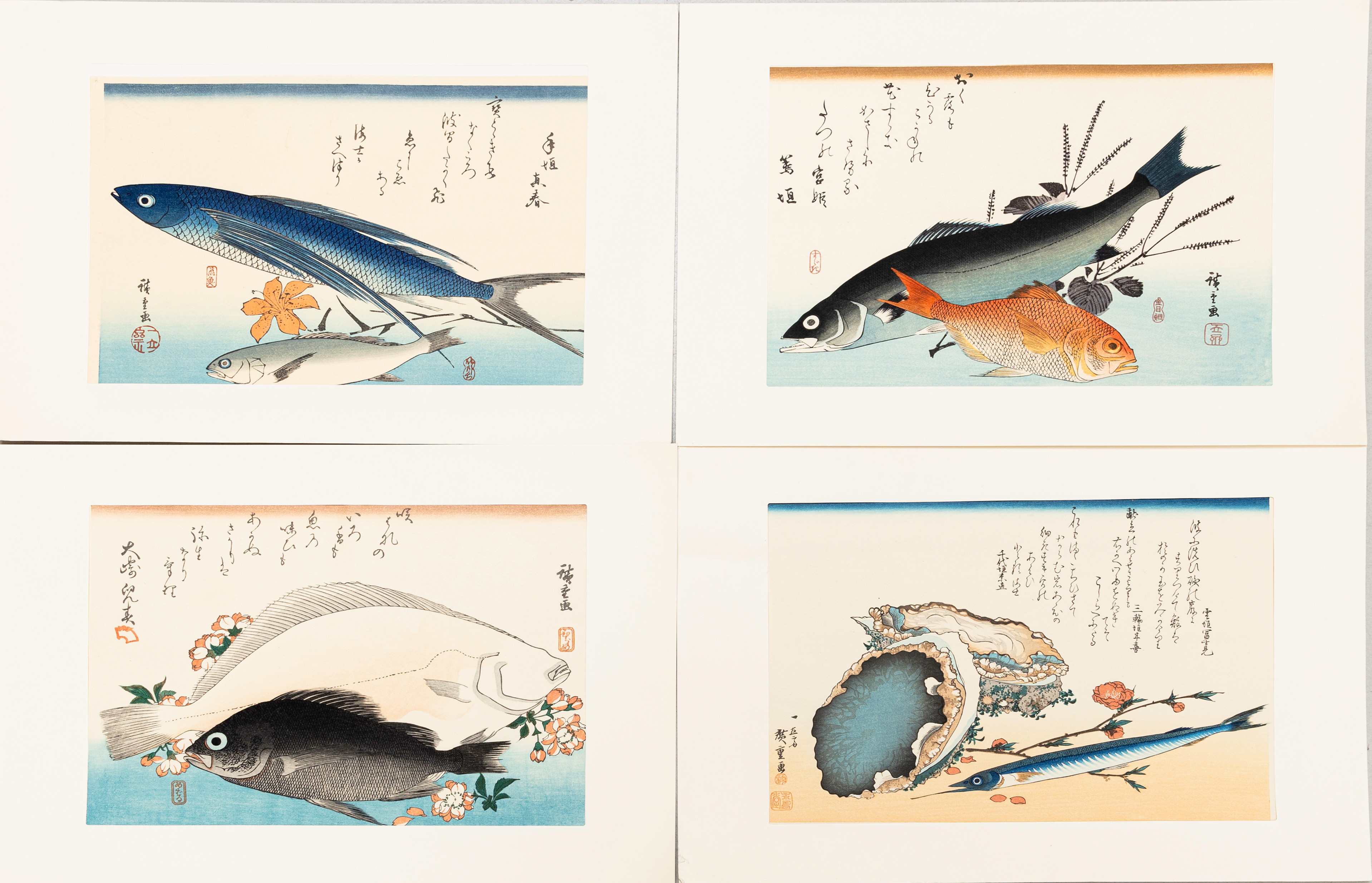 ANDO HIROSHIGE. efter, mapp med 4 reproduktioner av fiskmotiv, träsnitt, Japan 1900-tal.