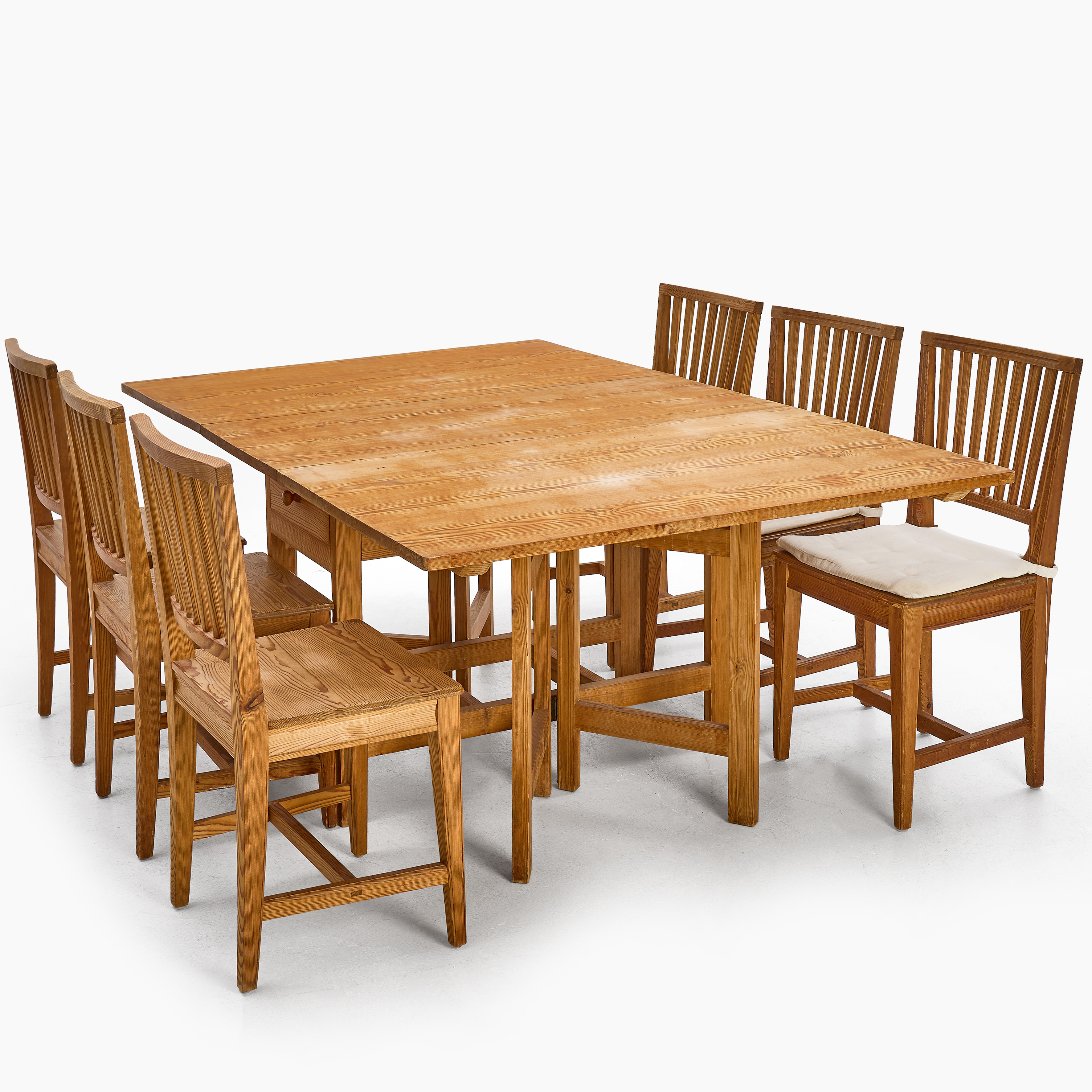 SLAGBORD, med lådor på kortsidorna, furu, 1900-talets senare del, STOLAR, 6 st, furu.