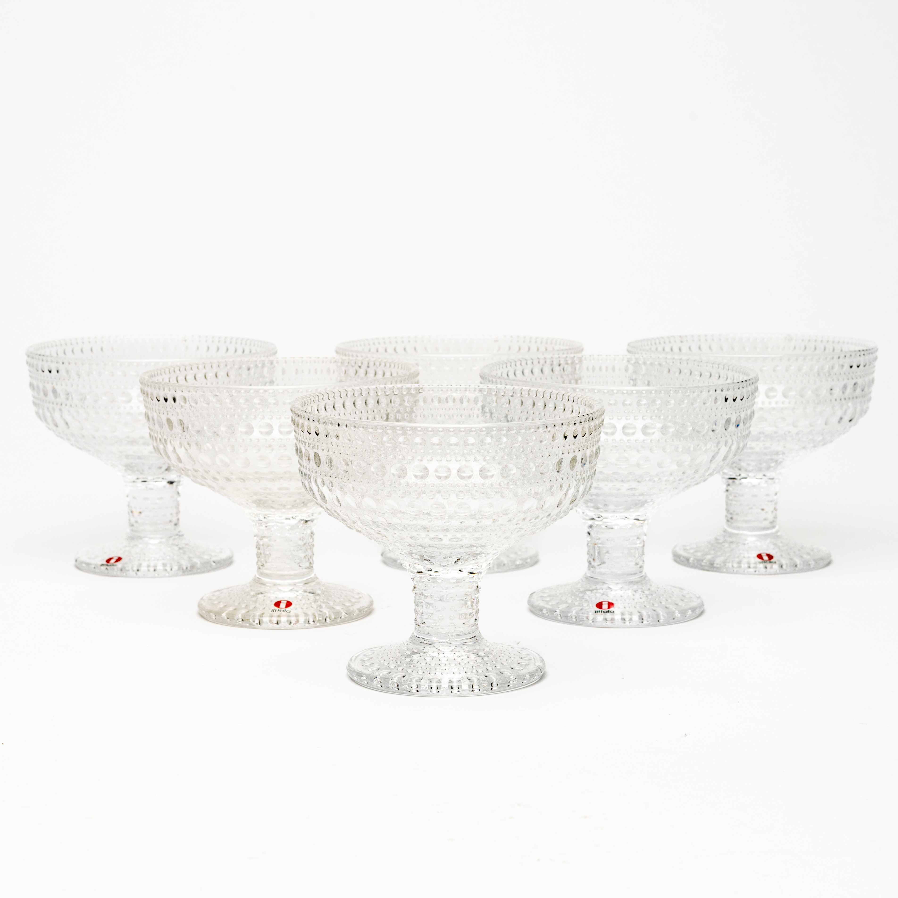 OIVA TOIKKA. Skålar på fot, 6 st, "Kastehelmi", glas, Iittala.