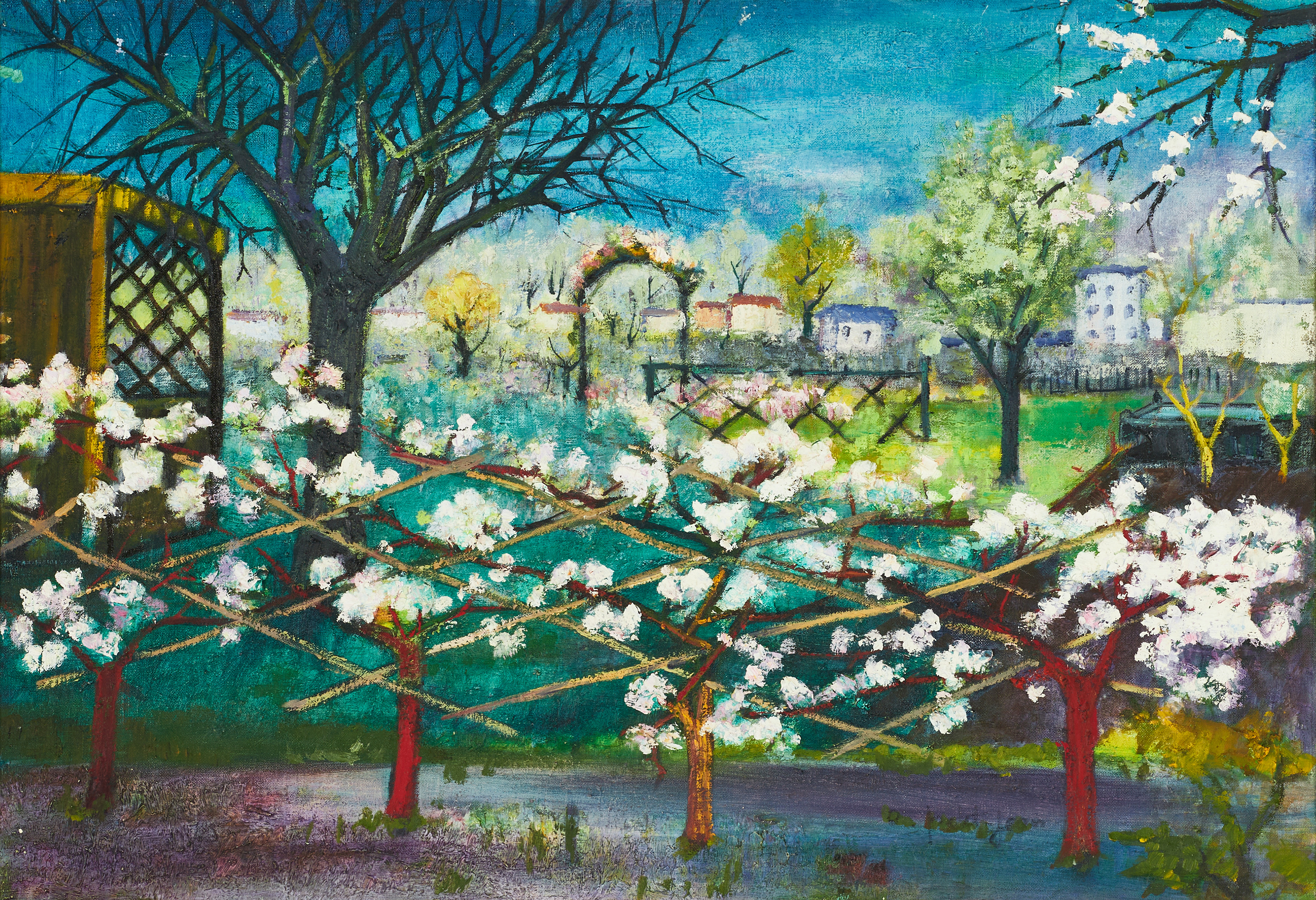 ODETTE PETIT-JEAN (FRANKRIKE, 1906-?). "JARDIN de Banlieue LES ESPALIERS, 1972, S signerad och daterad, olja på duk.