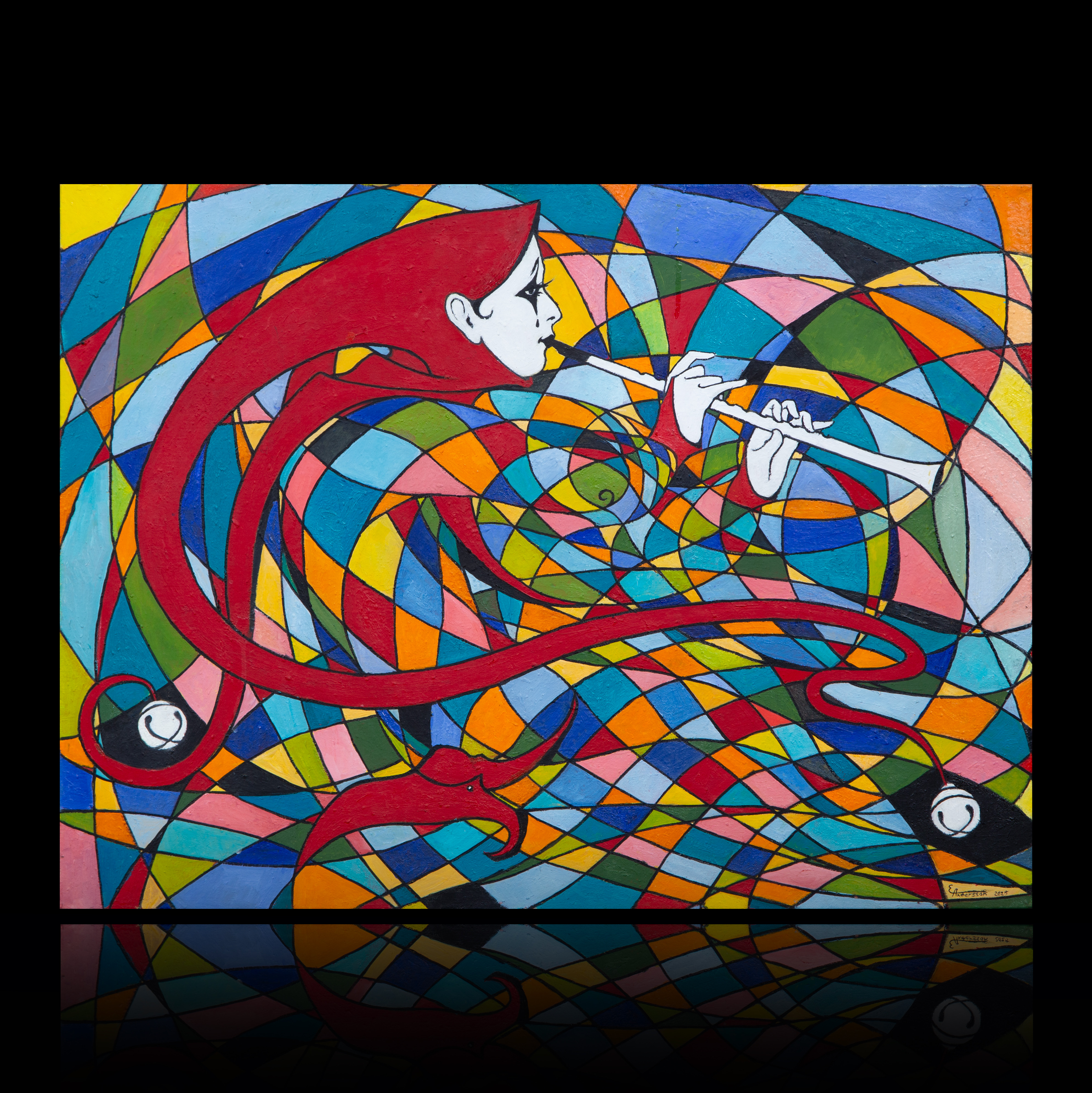 EKATERINA ANDERSSON (f. 1970, RYSSLAND) "HARLEKIN SPELAR FLÖJT" OLJA PÅ DUK, SIGNERAD, DATERAD.