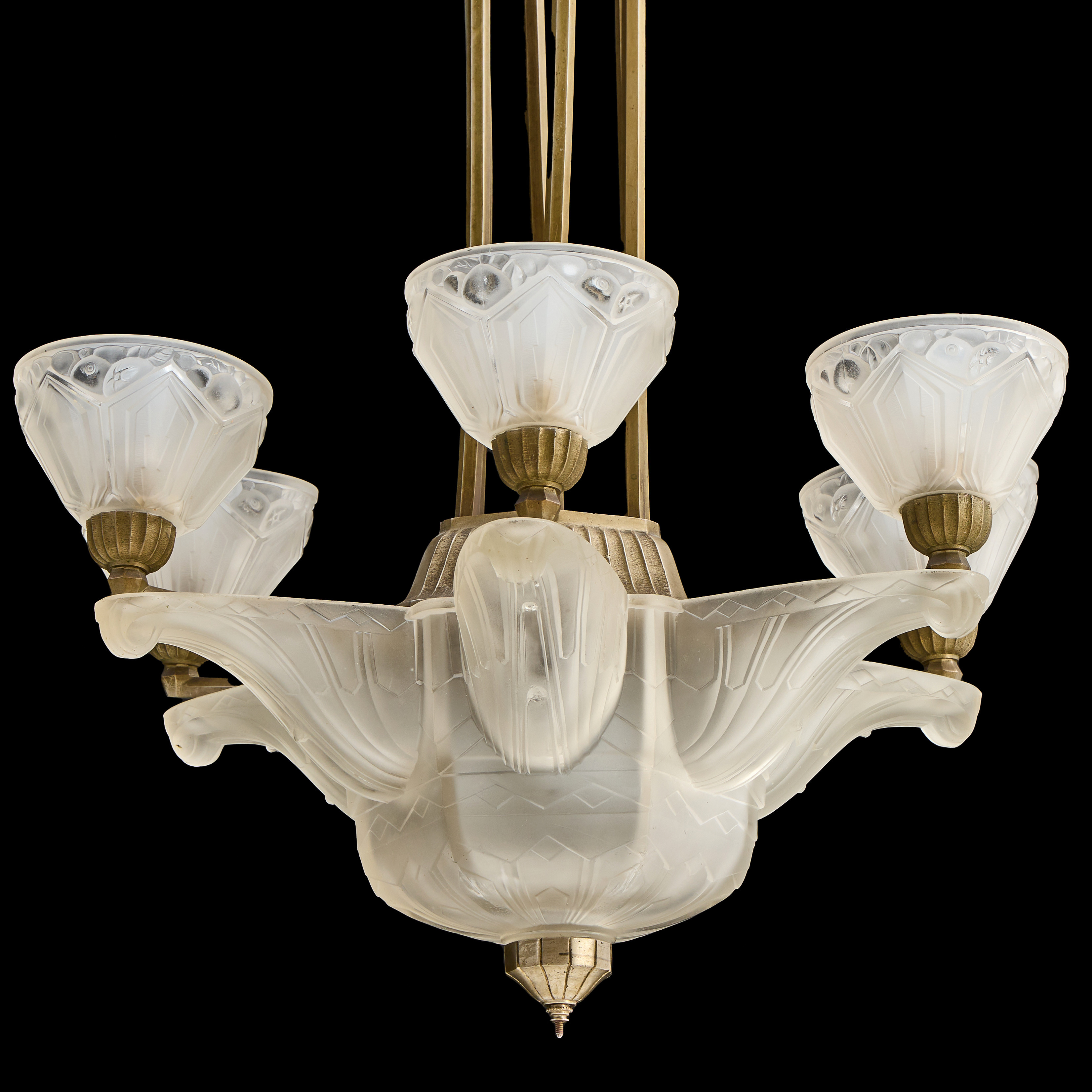 TAKLAMPA, Art Deco, metall och frostat glas, 9 ljuspunkter, Hettier & Vincent, Frankrike, 1920/30-tal.