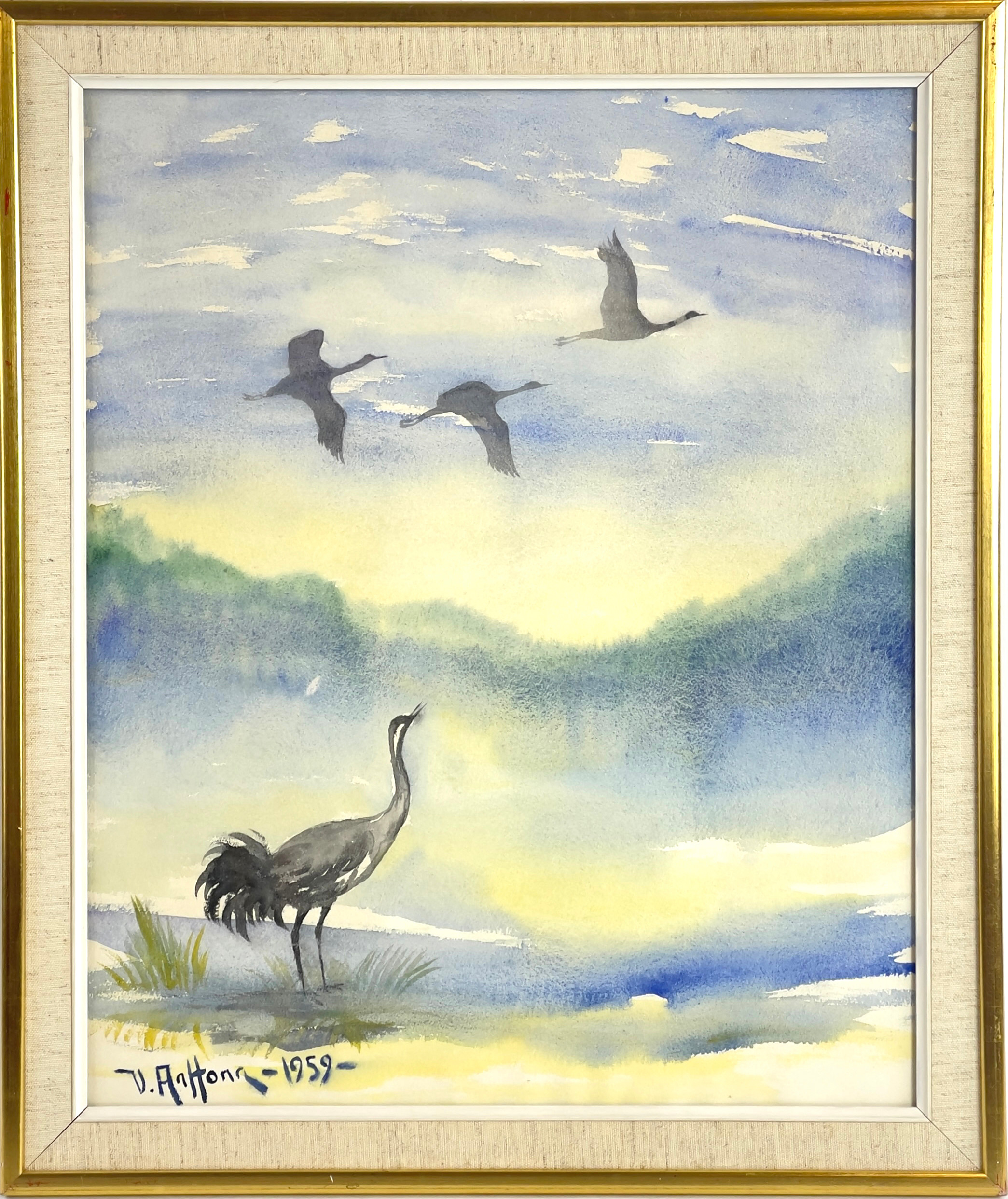 VEIKKO AALTONA. Tranor, akvarell på papper, signerad V. Aaltona & daterad 1959.