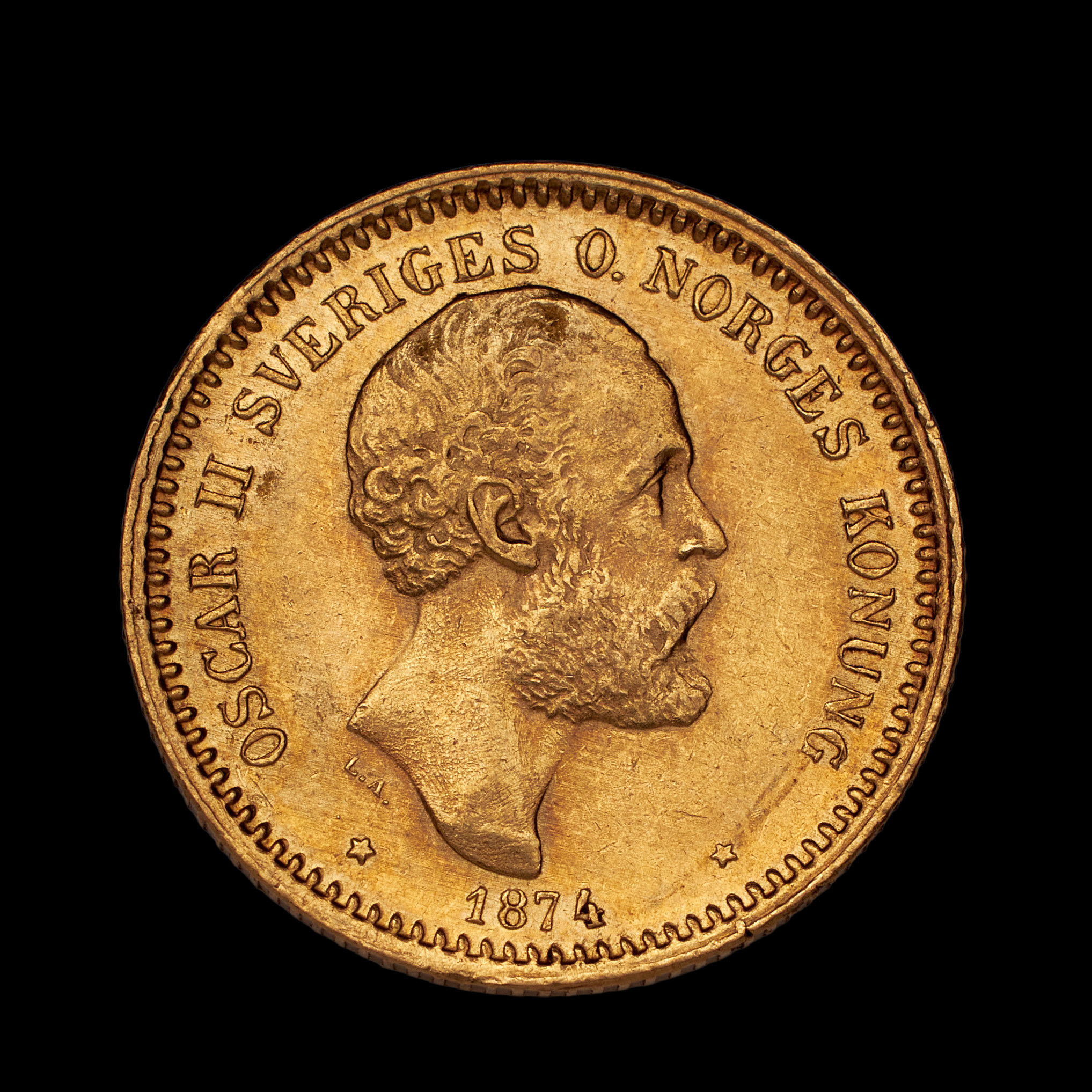 GULDMYNT, Oscar II, 10 kr, 1874.