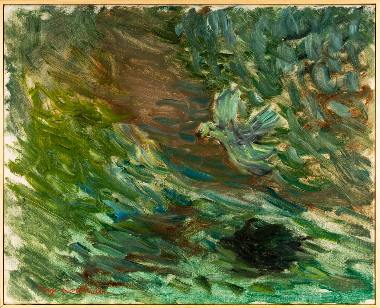 THAGE NORDHOLM. Olja på duk, signerad, "Skrämd fågel".