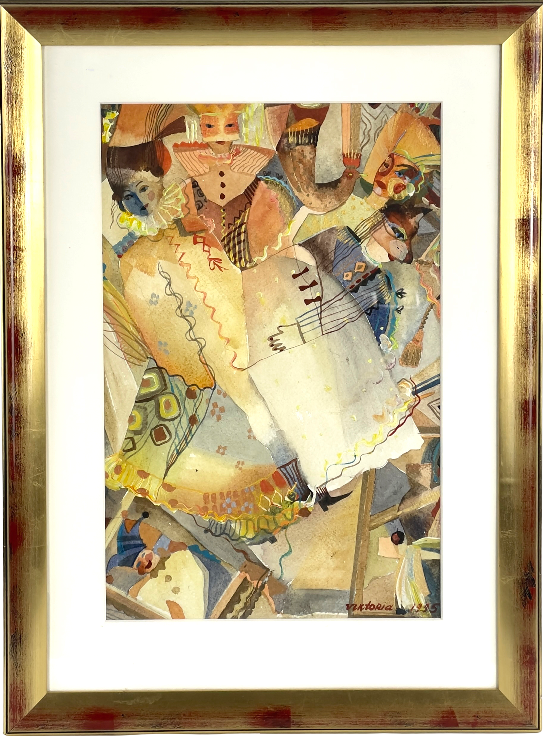 VIKTORIA TIKHOMIROVA. Maskerad, blandteknik på papper, signerad & daterad 1995.