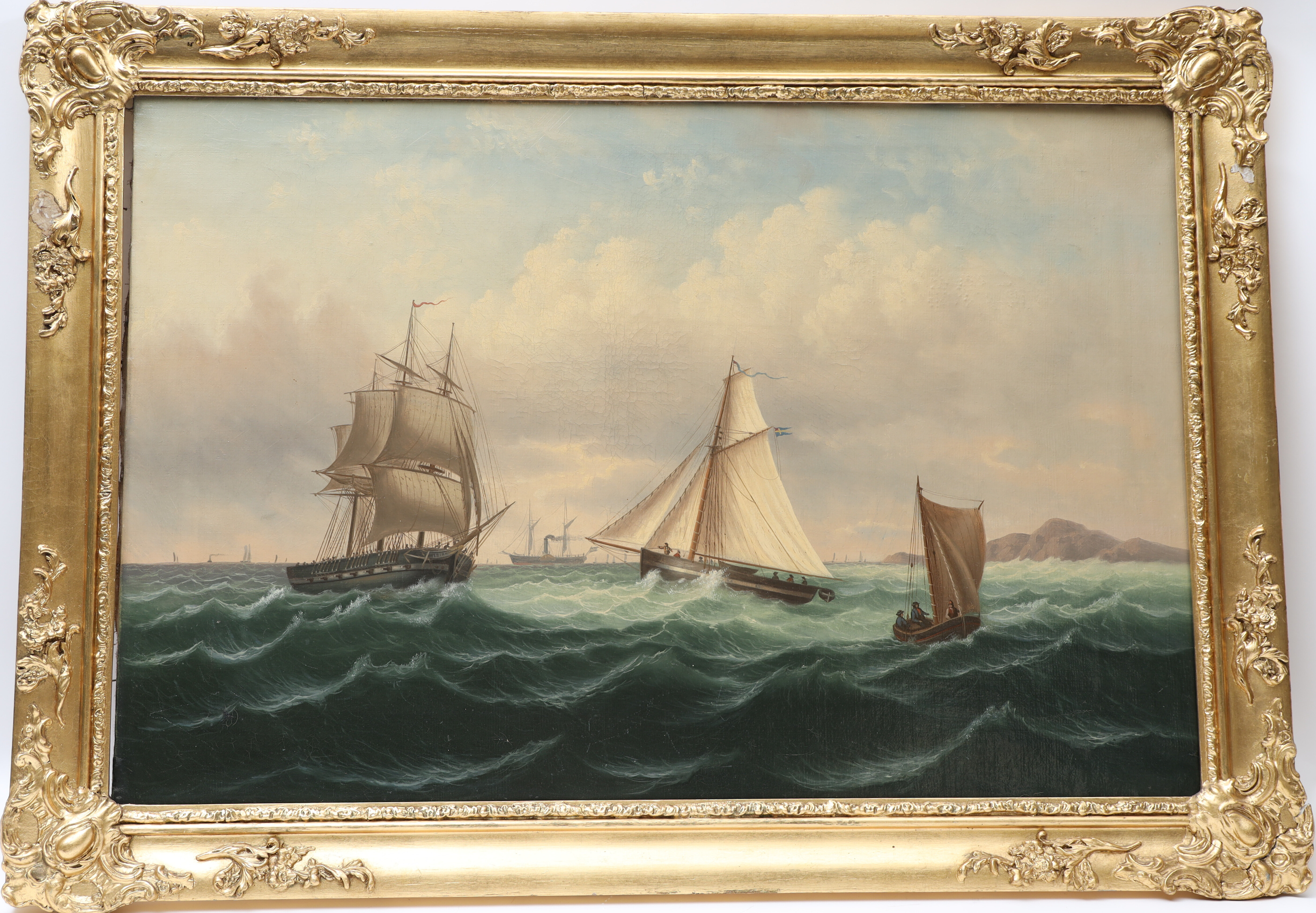 OKÄND KONSTNÄR. Havsbild med fartyg, osignerad, olja på duk.