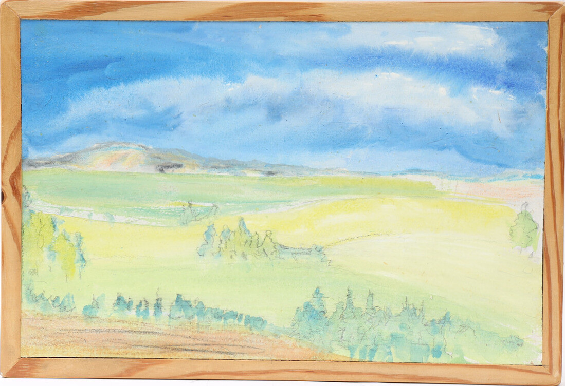 OIDENTIFIERAD KONSTNÄR. Lanskap, blandteknik på träskiva. Otydligt signerad.