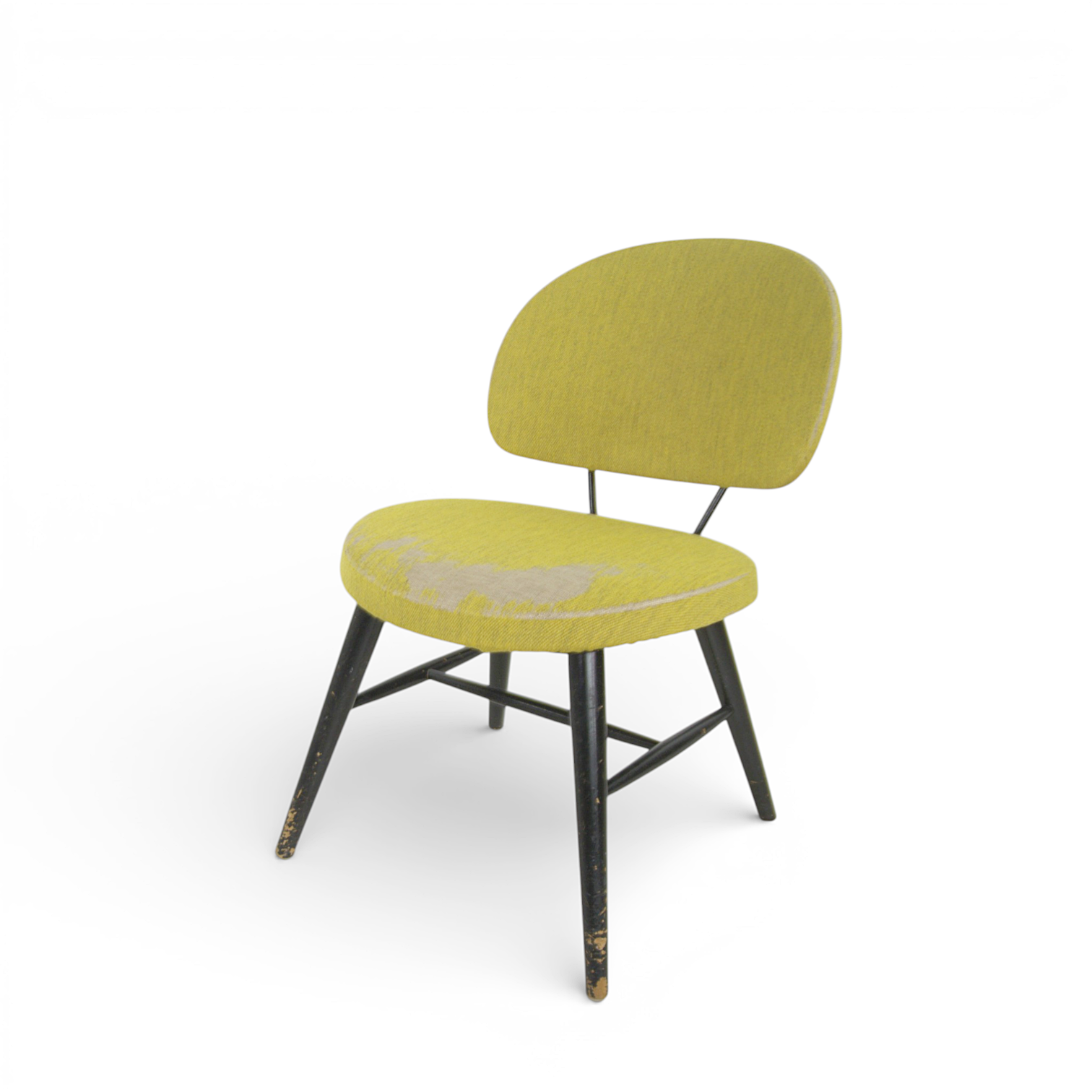 FÅTÖLJ, stomme av stål, trä, rygg och sits klädd med gult ulltyg, 1960-tal.