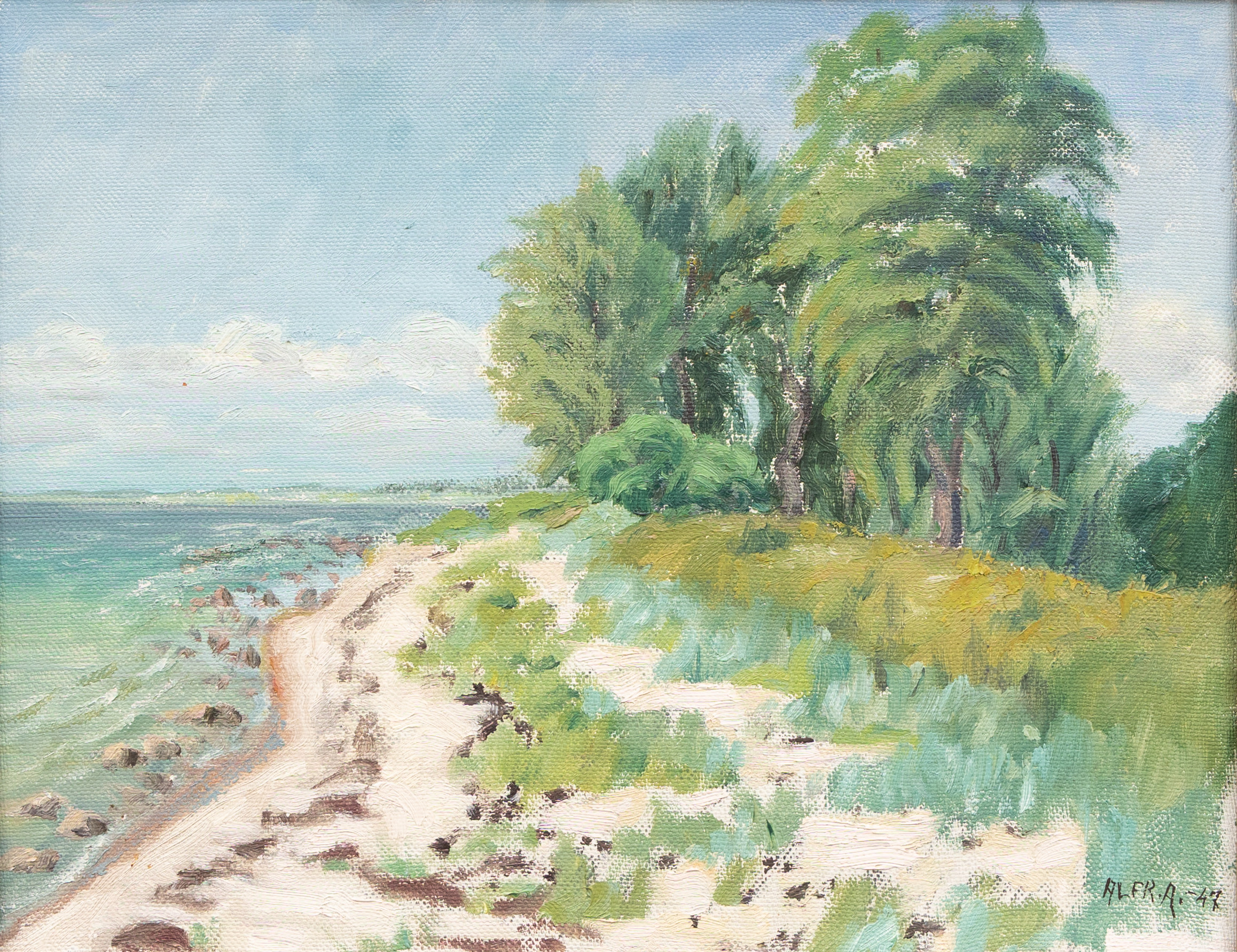 OIDENTIFIERAD KONSTNÄR. Stranden mellan Ystad och Svarte, olja på duk, signerad och daterad Alfr. A -47.