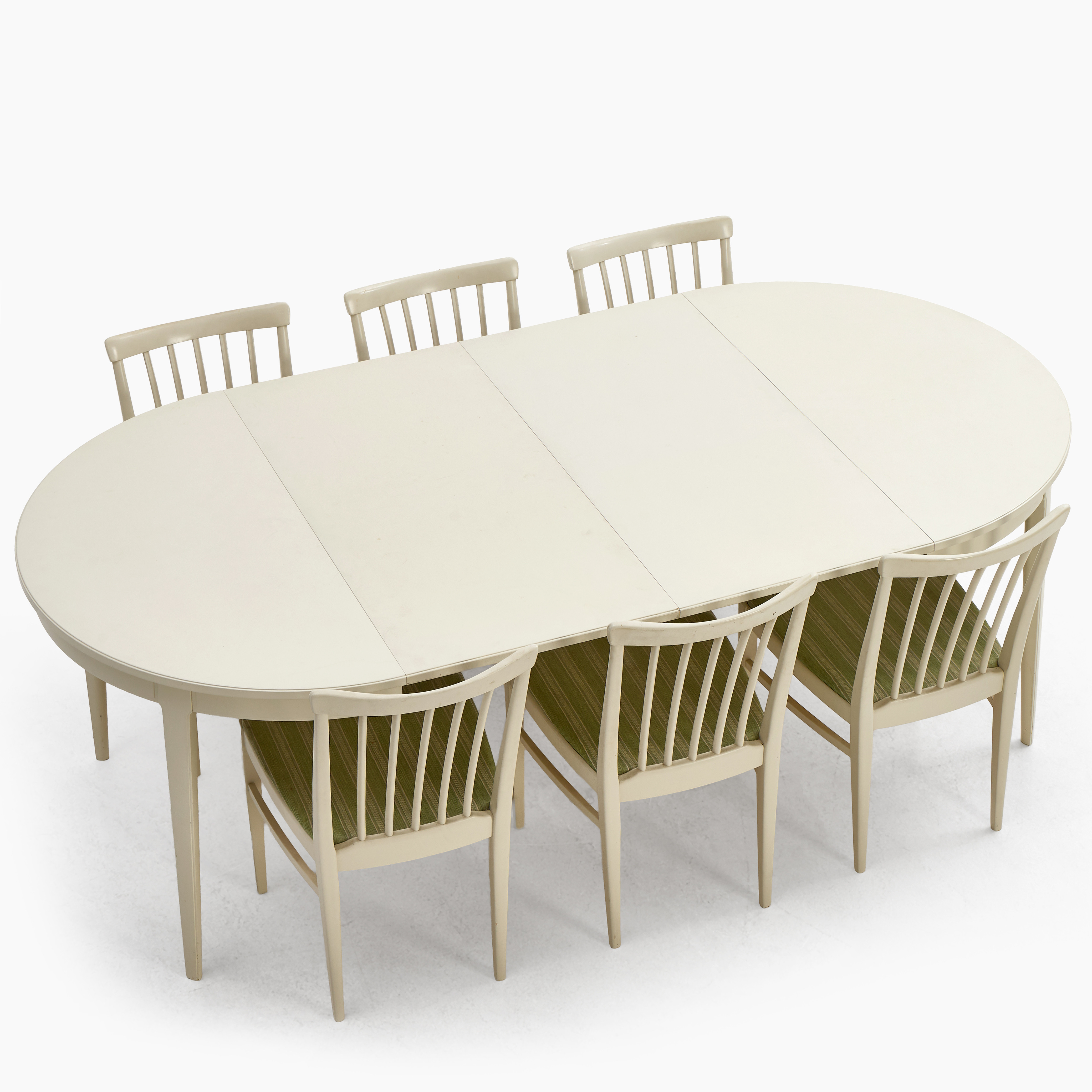 CARL MALMSTEN. Matgrupp, 7 delar, "Herrgårdern", Åfors Möbelfabrik, med 2 ilägsskivor.