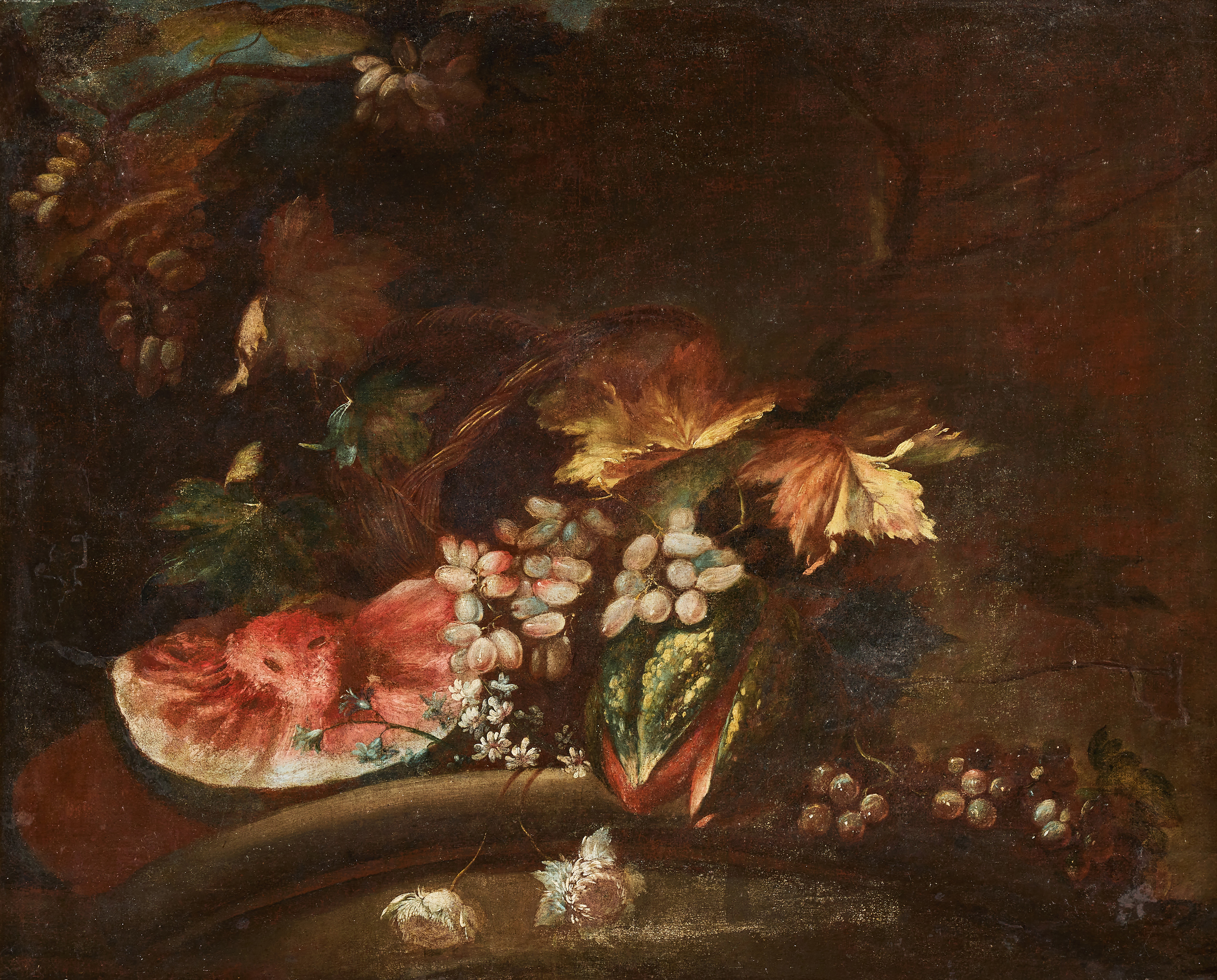 VENETIAN SCHOOL, CA. 1720. Still life with a watermelon and grapevines on a column.