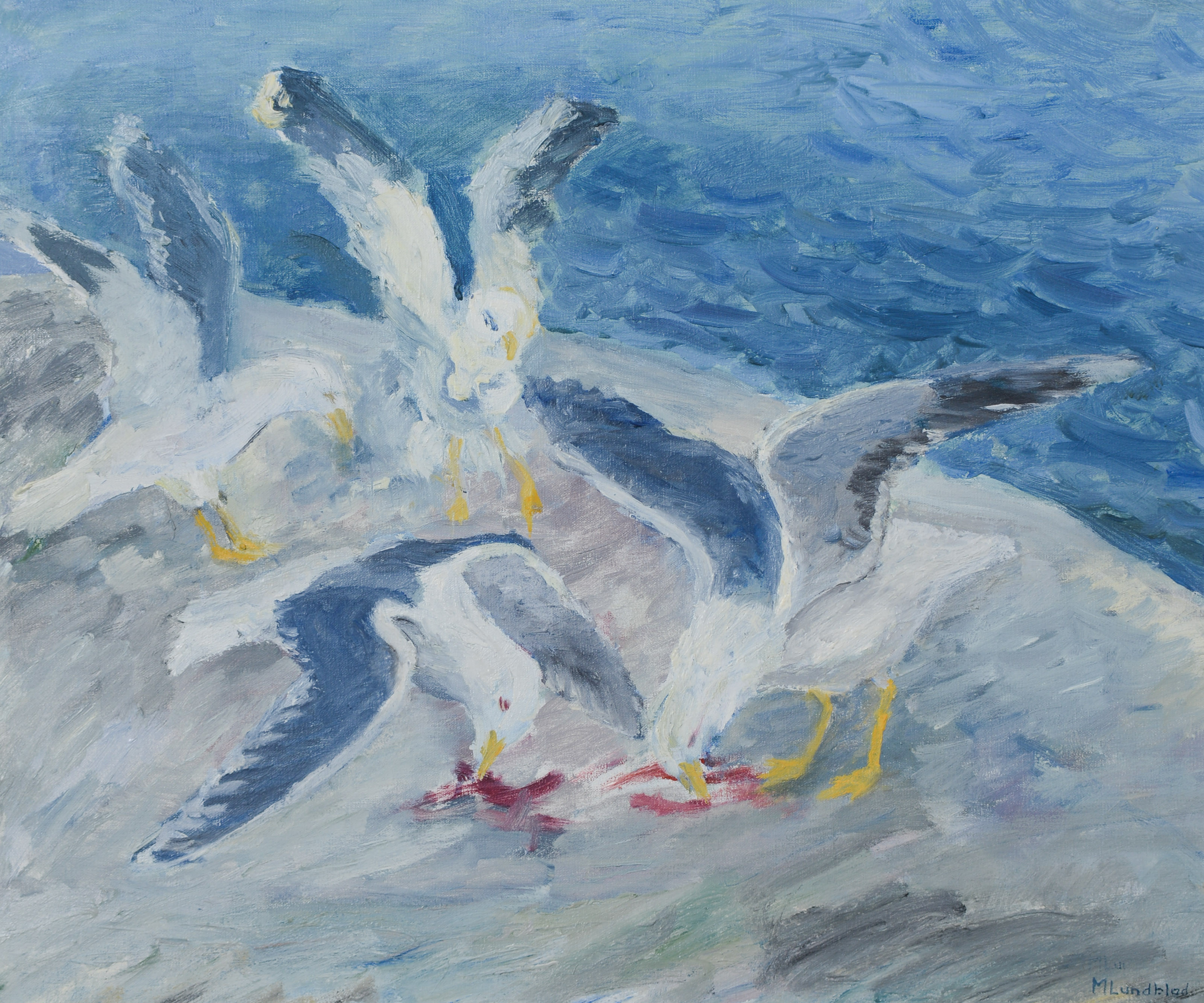 MARIANNE LUNDBLAD. Måsar, olja på duk, signerad.