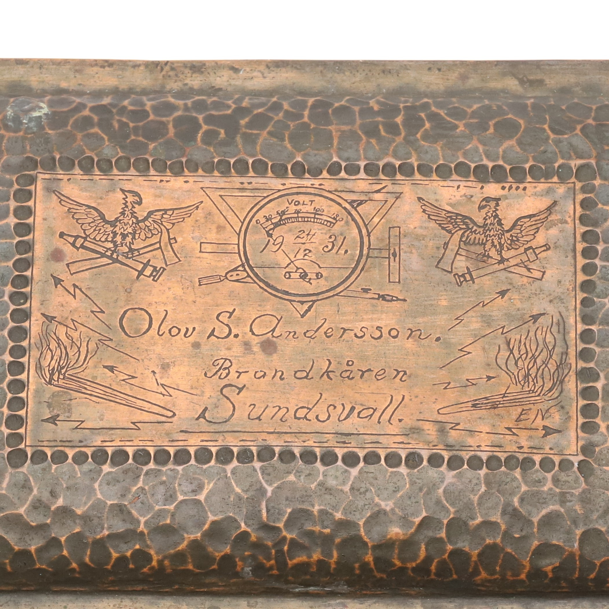 Skrin av hamrad koppar & trä, Brandkåren Sundsvall, 1931.