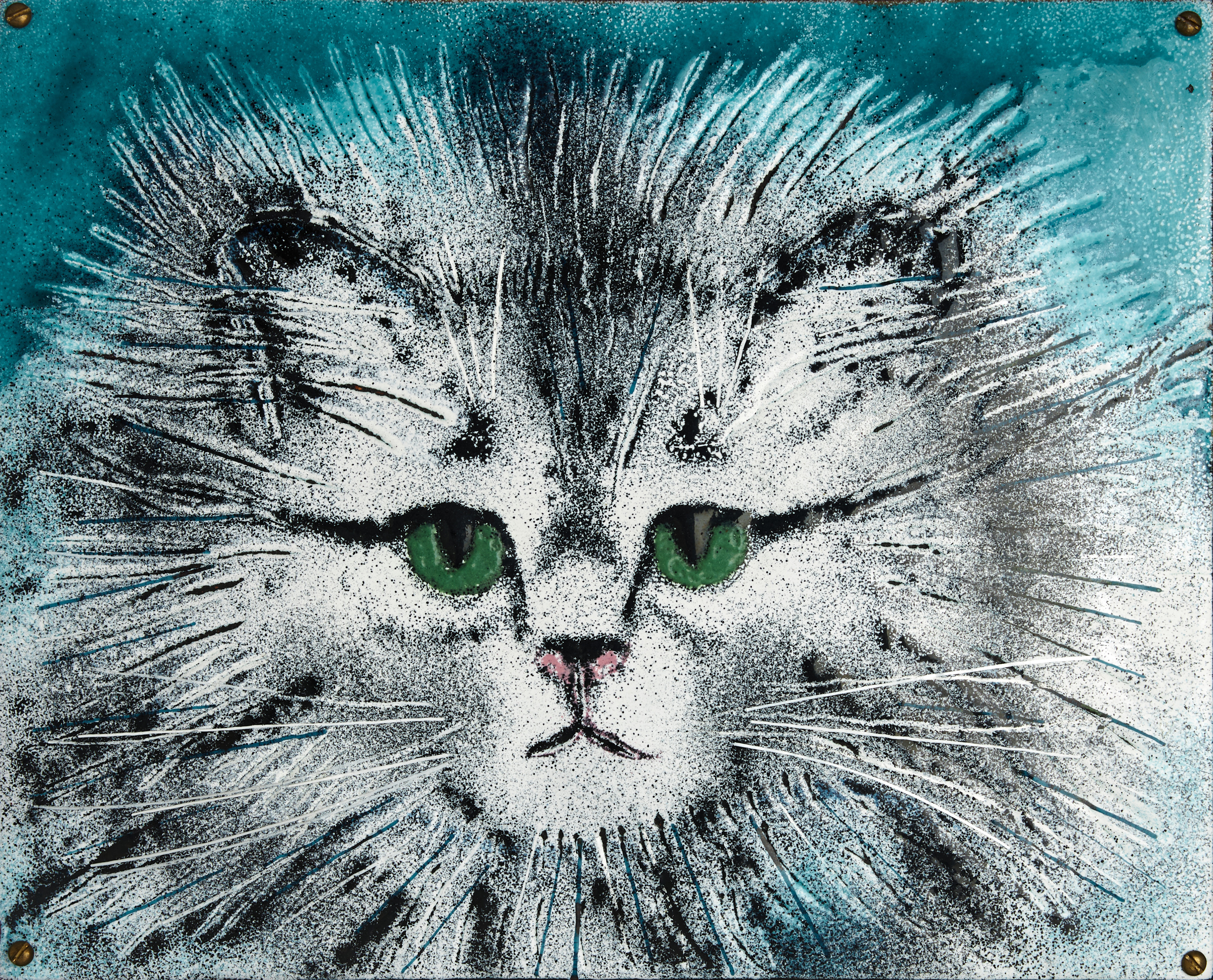 ANITA WANGEL. Katt, signerad och daterad 1972 a tergo, emalj på kopparplåt, monterad på träskiva.