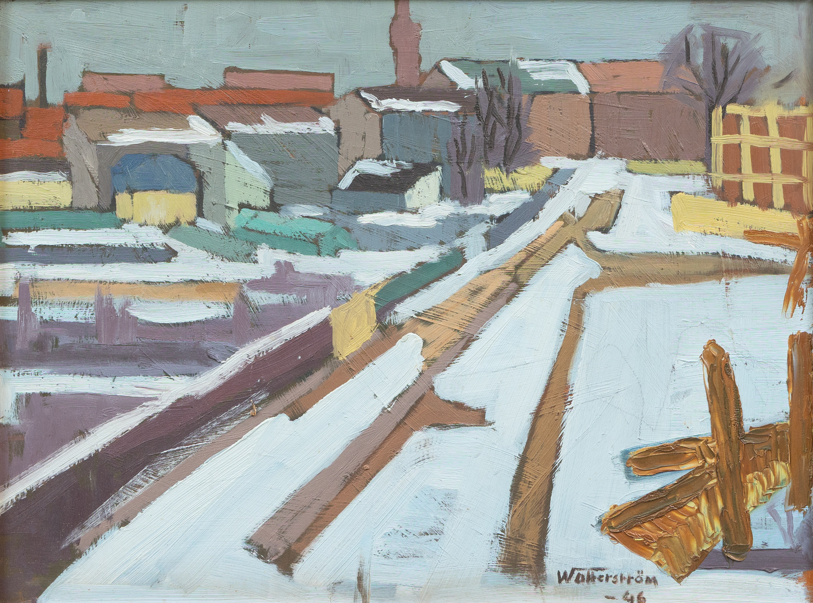 INGVAR  WALTERSTRÖM (1920-1988). Komposition med byggnader, olja på pannå, signerad och daterad Walterström -46.