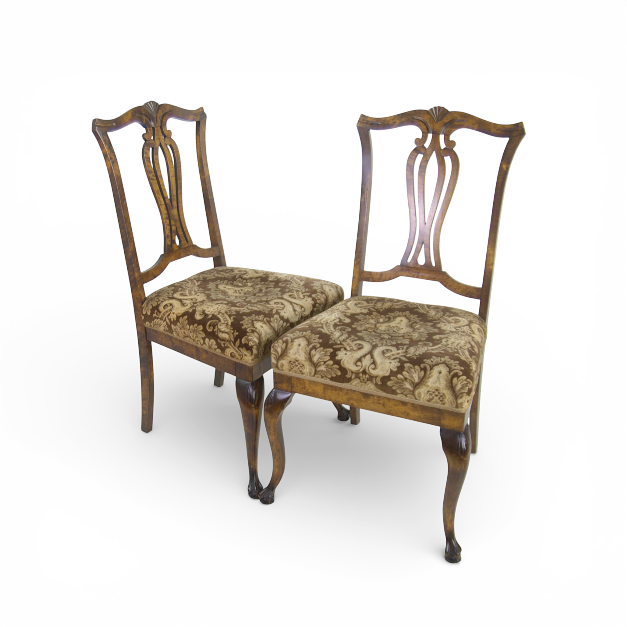 STOLAR ett par, bonad björk, sits klädd med sammet, Chippendale-stil, 1930/40-tal.