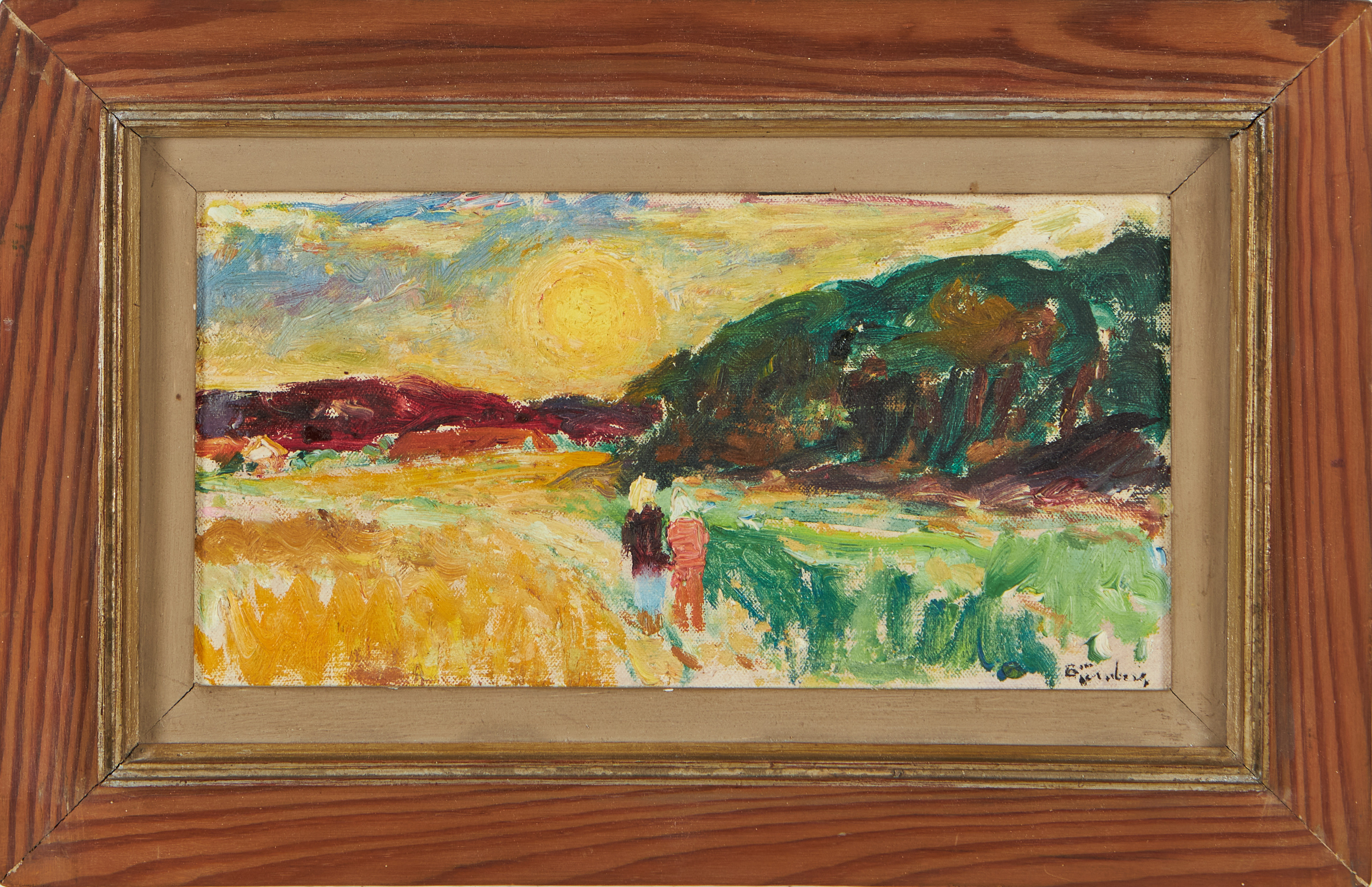 EVALD BJÖRNBERG. Figurer i landskap, olja på pannå, signerad.