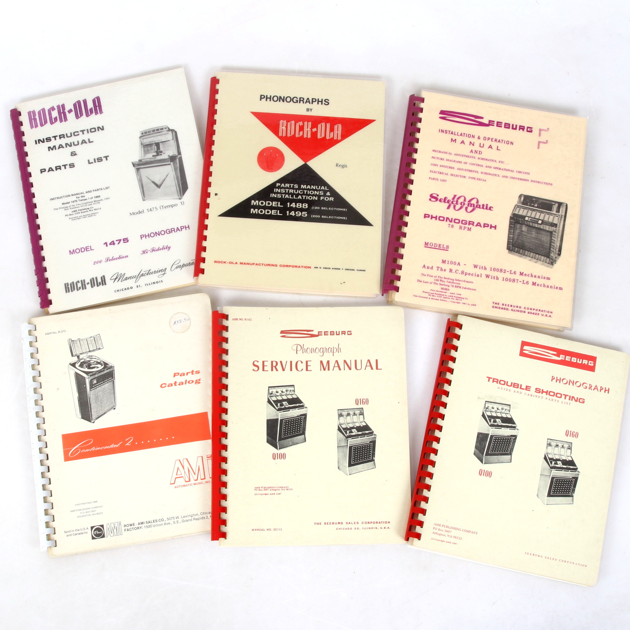 MANUALER/SERVICEBÖCKER, 6 st, för Jukebox. Rock-Ola, Seeburg, AMI Continental. 1900-tal.