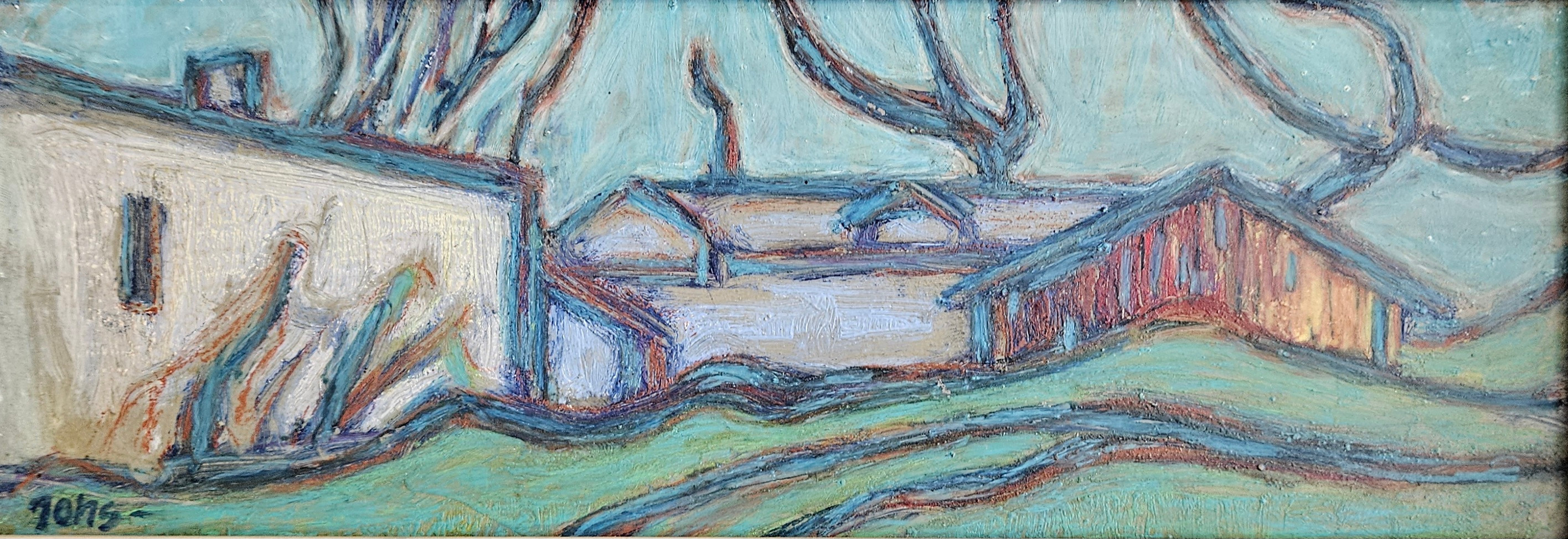 JOHS JENSEN. Fritt komponerat efter Bondegatan. Olja på pannå, signerad Johs.