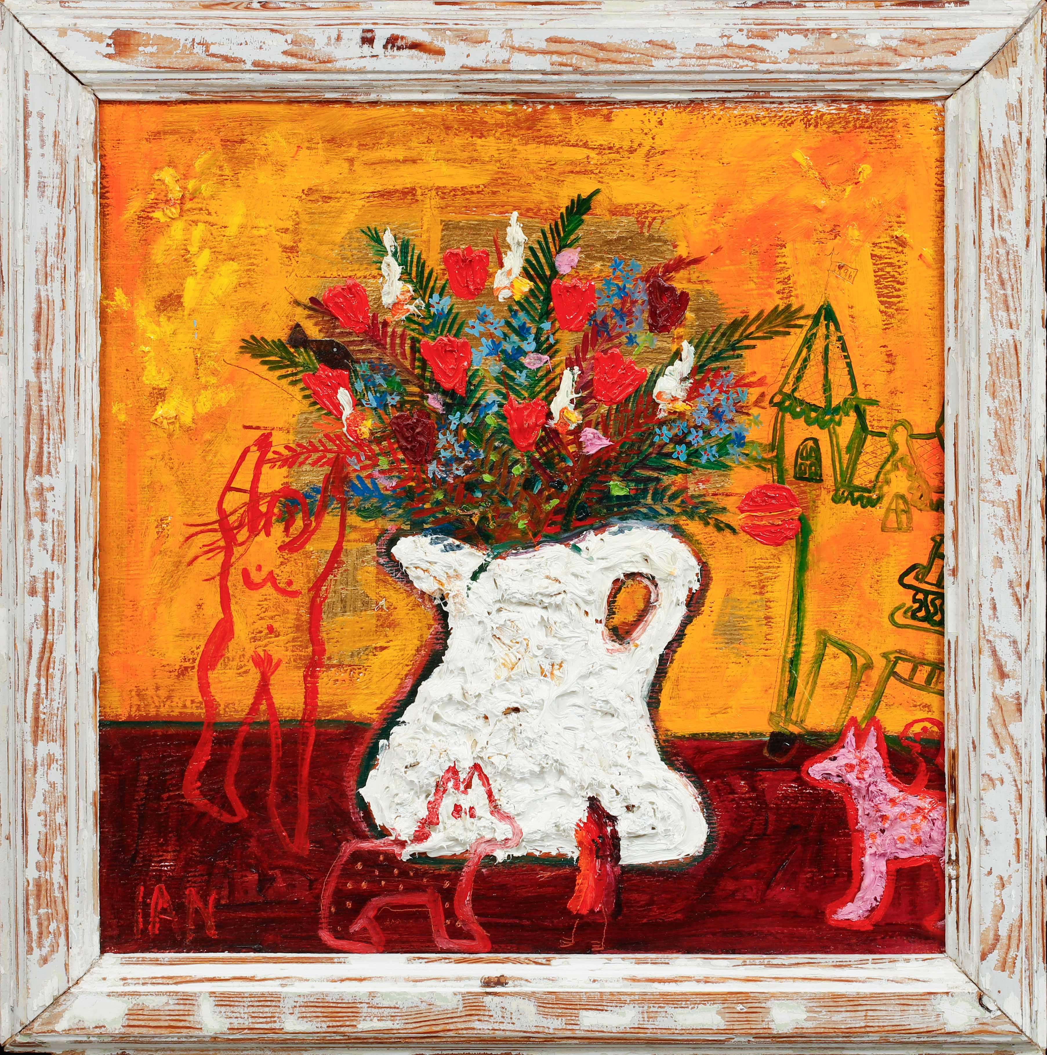 IAN RUSTH. Blommor i vit kanna, olja på pannå, signerad.