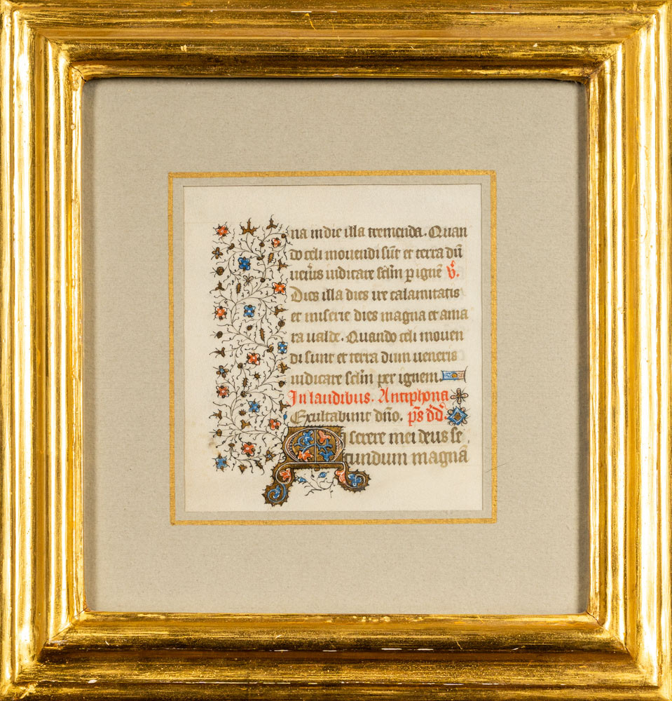 MANUSKRIPTSBLAD, illuminerat, pergament (vellum), Frankrike, 1400-tal.