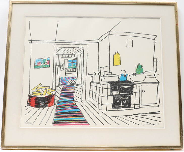 STIG (SLAS) CLAESSON. Köksinteriör, färglitografi, numrerad.