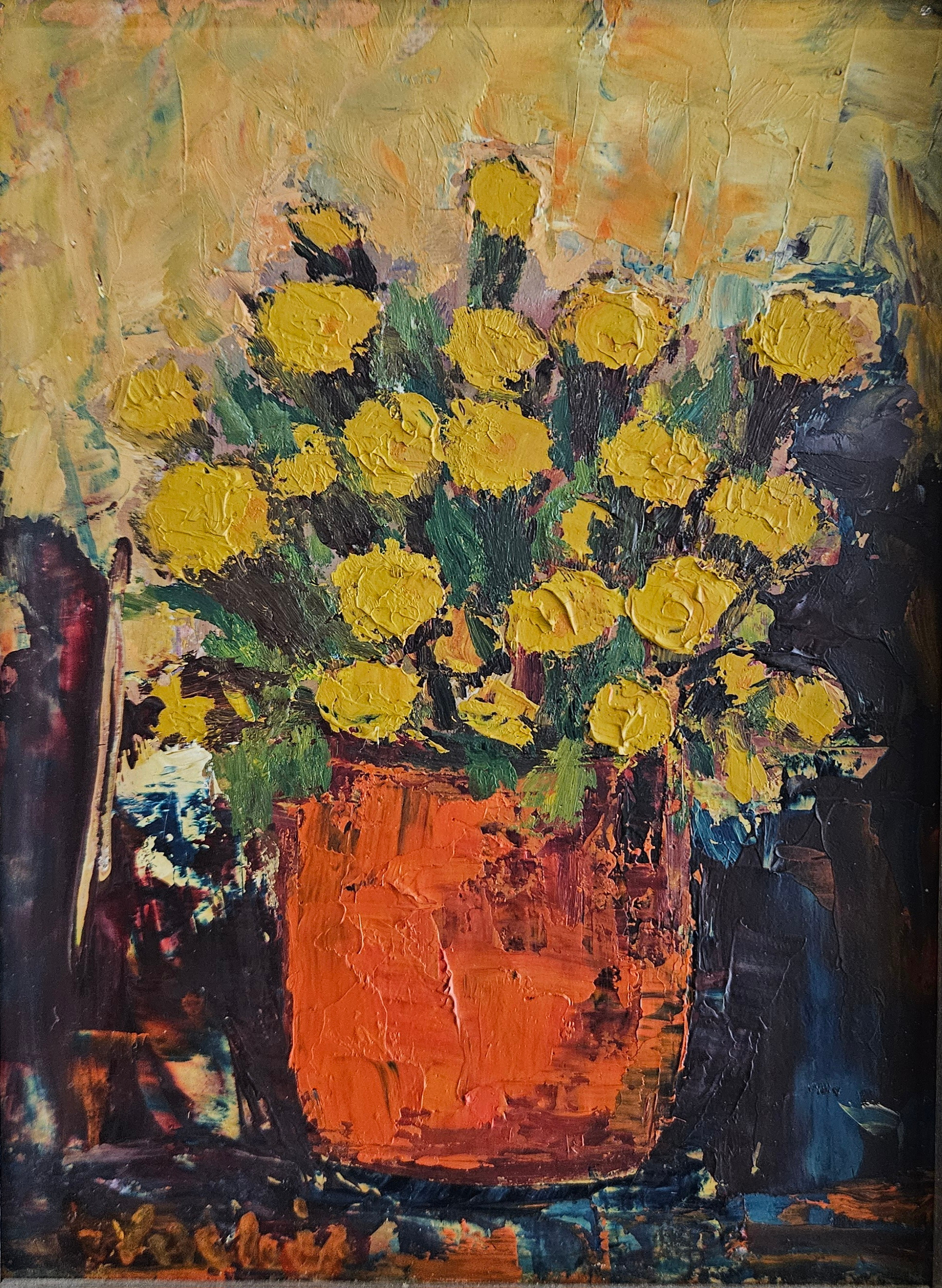 OIDENTIFIERAD KONSTNÄR. Blomsterstilleben. Olja på pannå, otydligt signerad.