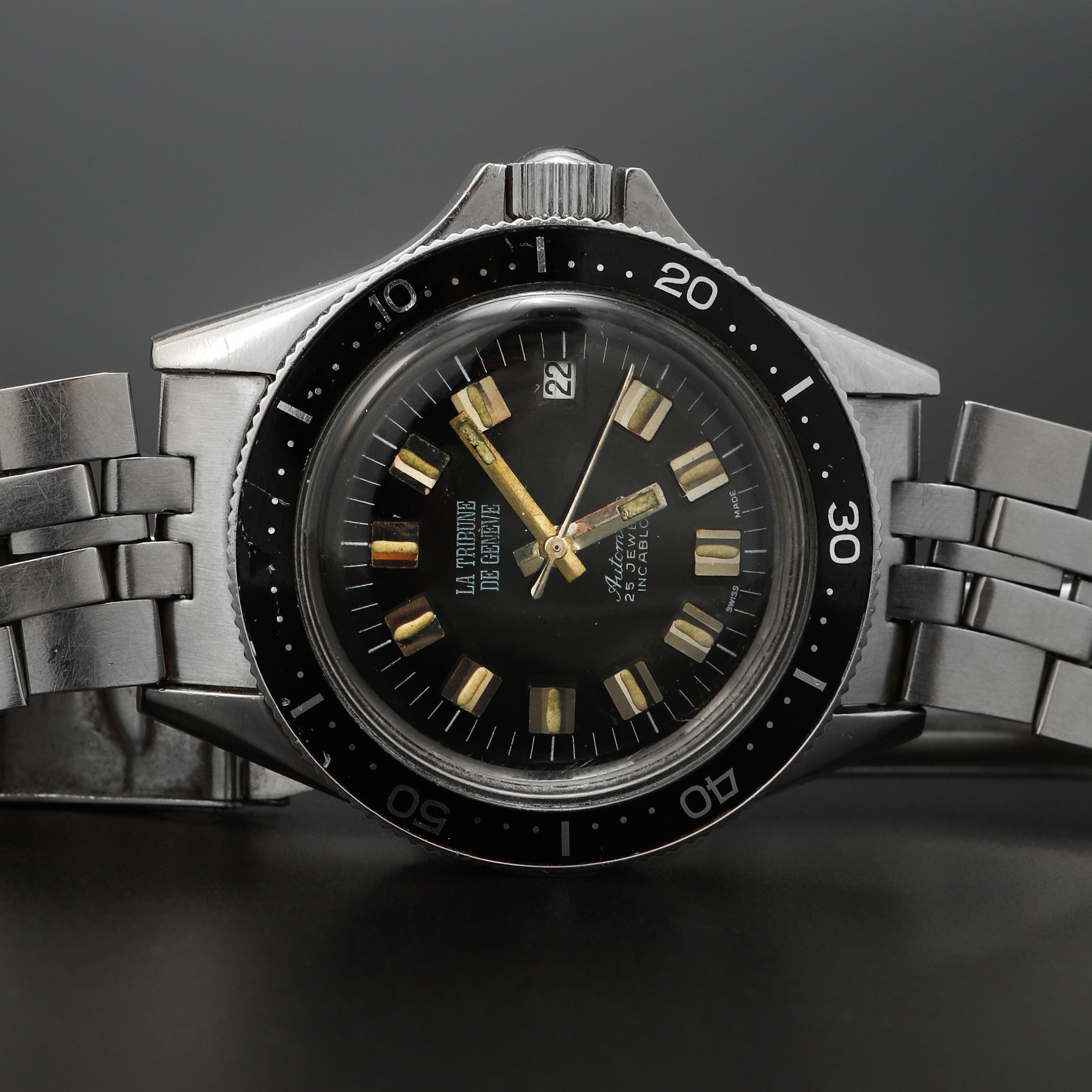 ARMBANDSUR, dykarur, urtavla märkt "La Tribune De Genève" stål, automatisk, 1960/70-tal.