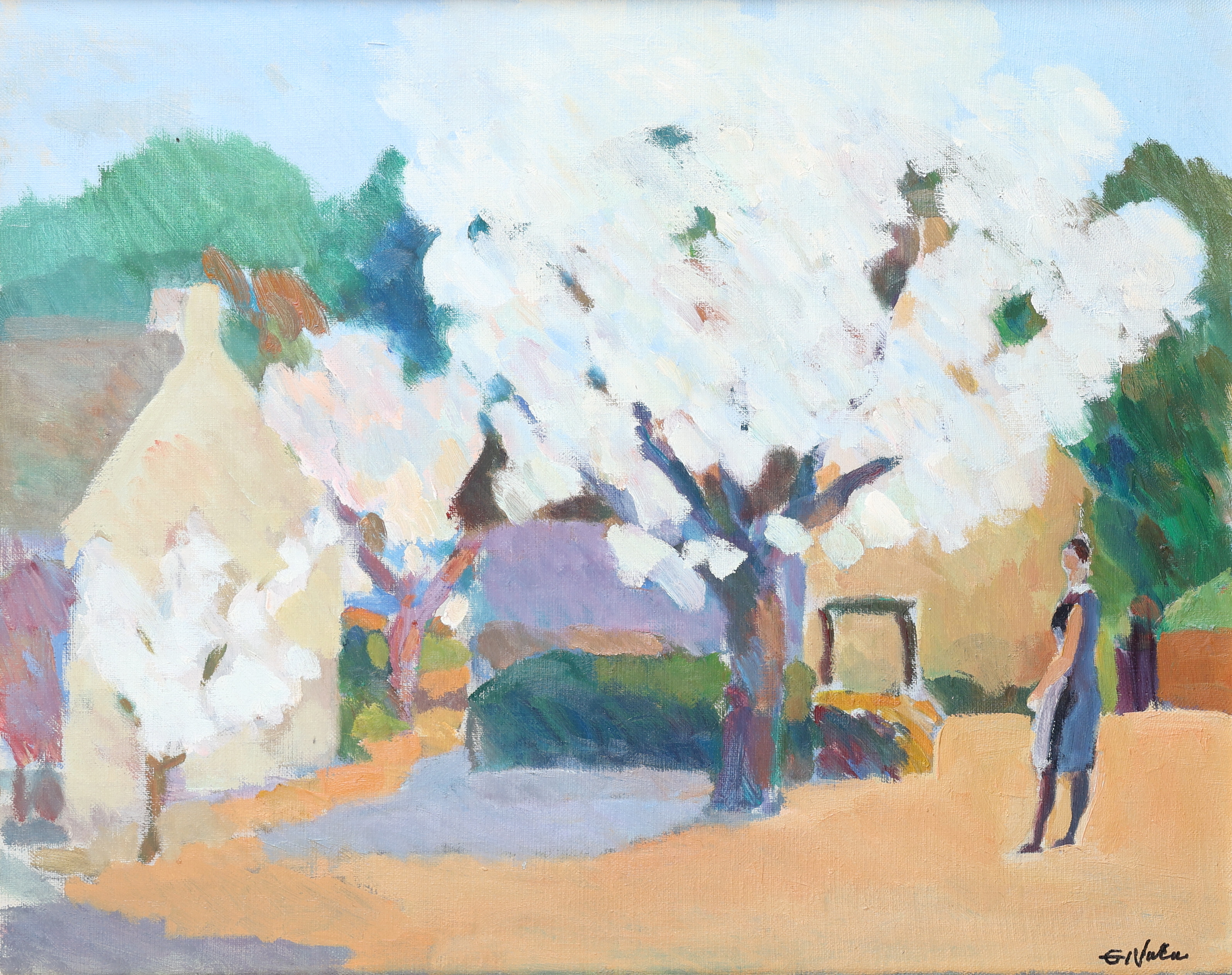 ERIC ELFVÉN. Olja på pannå, "Kastanjen blommar i St Sulpice de Favieres", signerad.