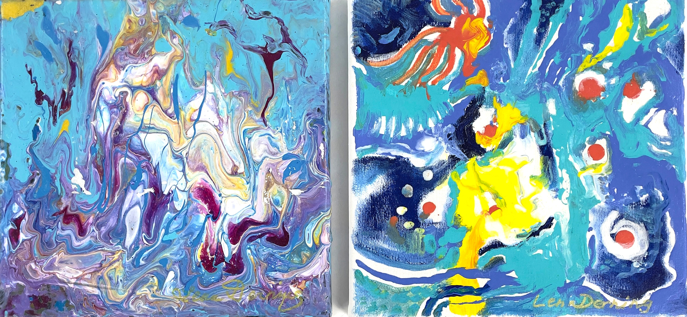 LENA DERNING, 2 delar, acryl på duk, abstrakta kompositoner, signerade, även signerade samt daterade 2021 a tergo.