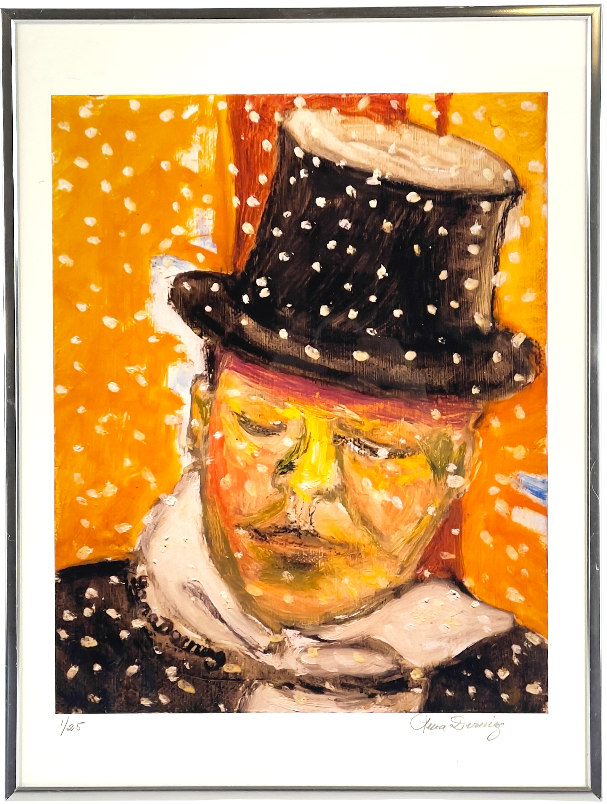 LENA DERNING, färglitografi, Herre i hög hatt, signerad samt numrerad 1/25, även signerad i trycket.