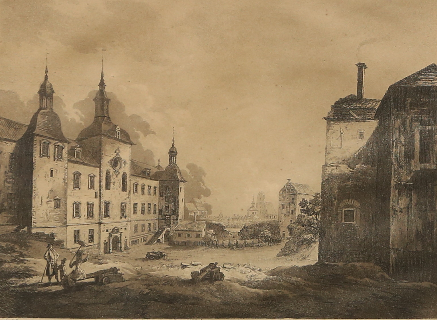 JOHAN FREDRIK MARTIN. EFTER. Grafiskt blad, , " Vue de chateau de Wadstena et dunne partie de la Ville", Ur svenska Vuer Nr 36, signerad J.F.M.