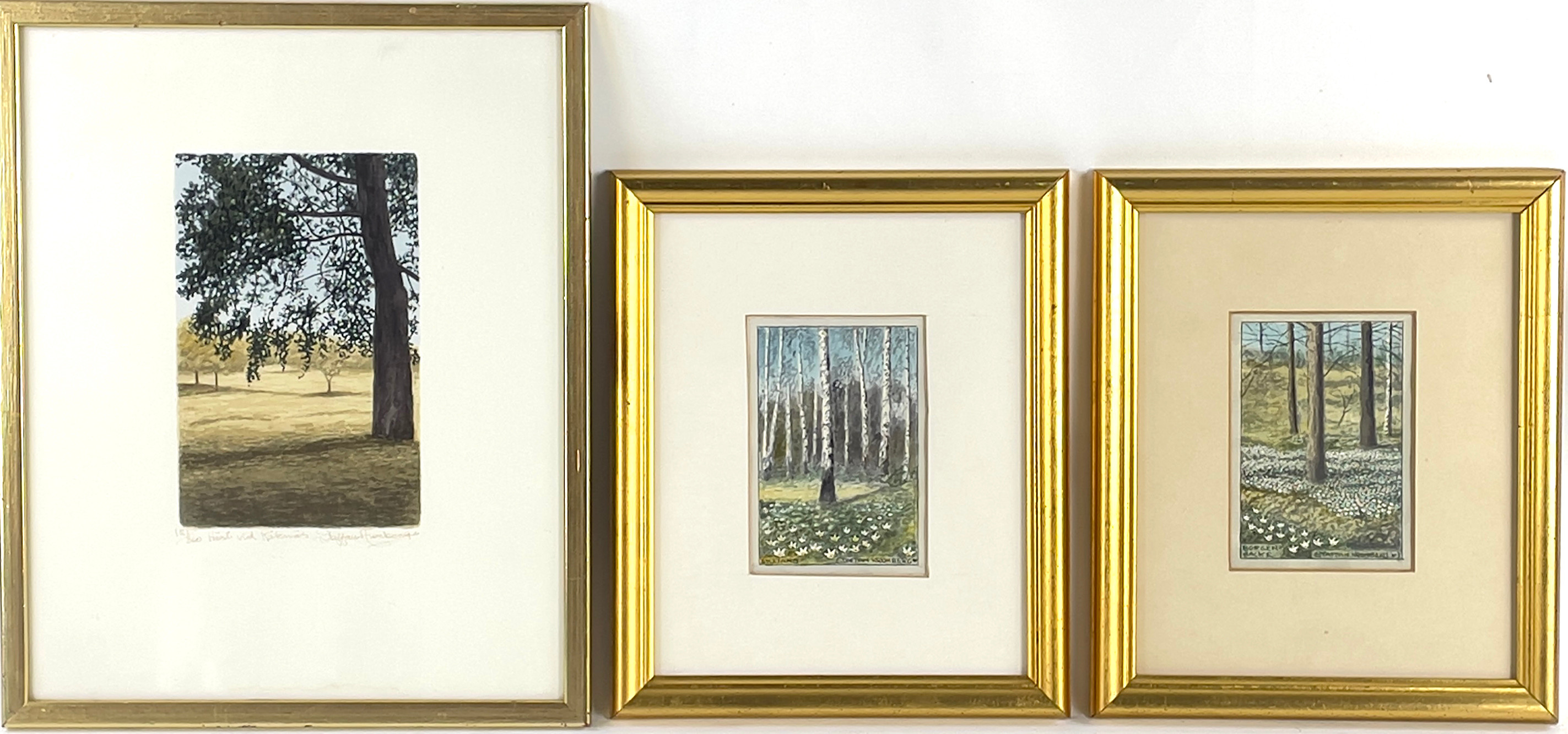 STAFFAN KRONBERG (1902 - 1984), två akvareller samt en litografi, 3 delar, "Lilljans", "Borgenbacke" samt "Höst vid Kaknäs" signerade.